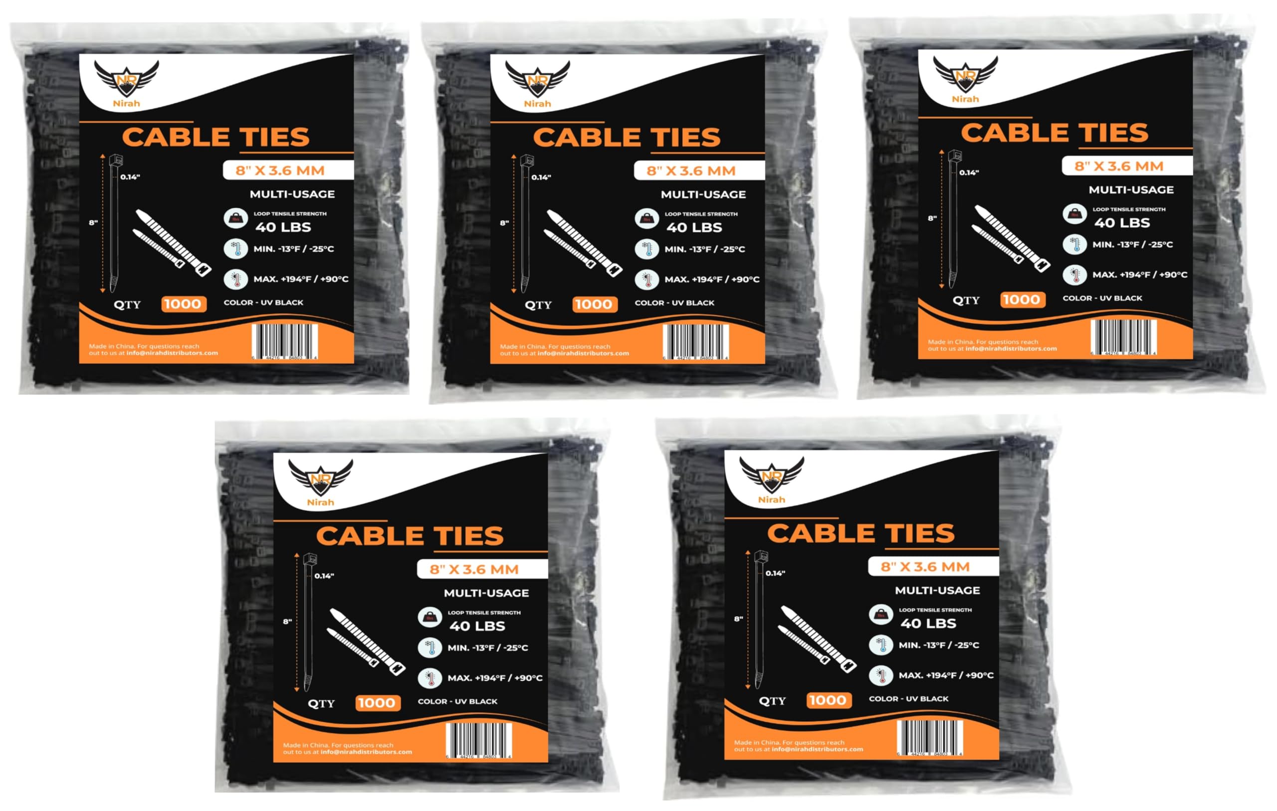 Nirah Zip Ties 8 inch (1000 Pack), 40lbs Tensile Strength, UV Resistant Nylon Cable Ties, Self Locking Wire Ties for Wire Management, Indoors, Outdoors, Wet and Dry use by Nirah