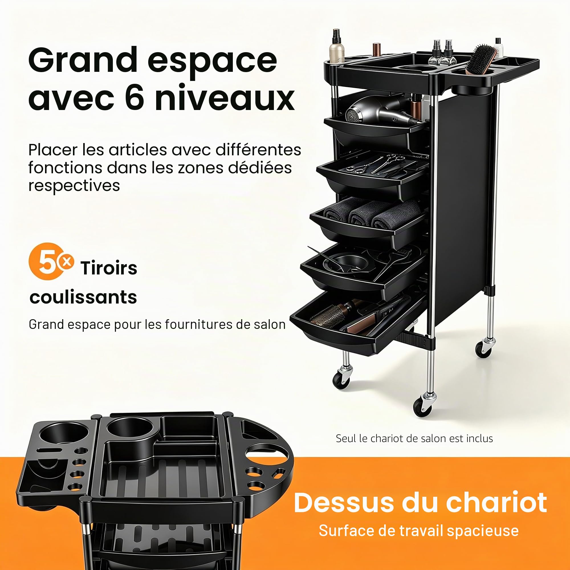 Chariot de coiffure avec roulettes, 36 x 85,5 cm, 5 tiroirs, rectangulaire, avec plusieurs ouvertures, pour accessoires de coiffure, bijoux, cosmétiques, noir