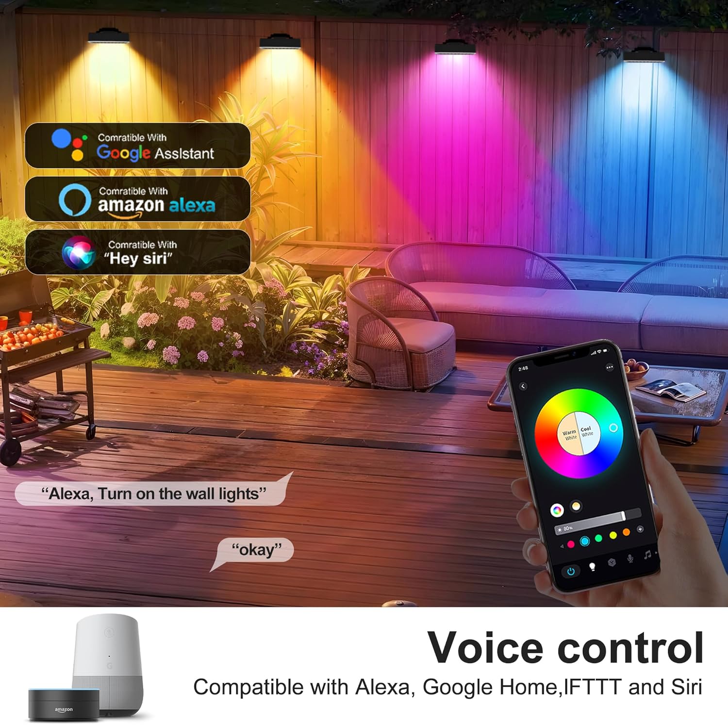 Smart Color Changing Flood Lights Outdoor 360W LED Wall Washer – WiFi App, Voice & Remote Controlled, 2700K-6500K Tunable White, 16M Colors, Linkable Landscape Security Lights (Black)