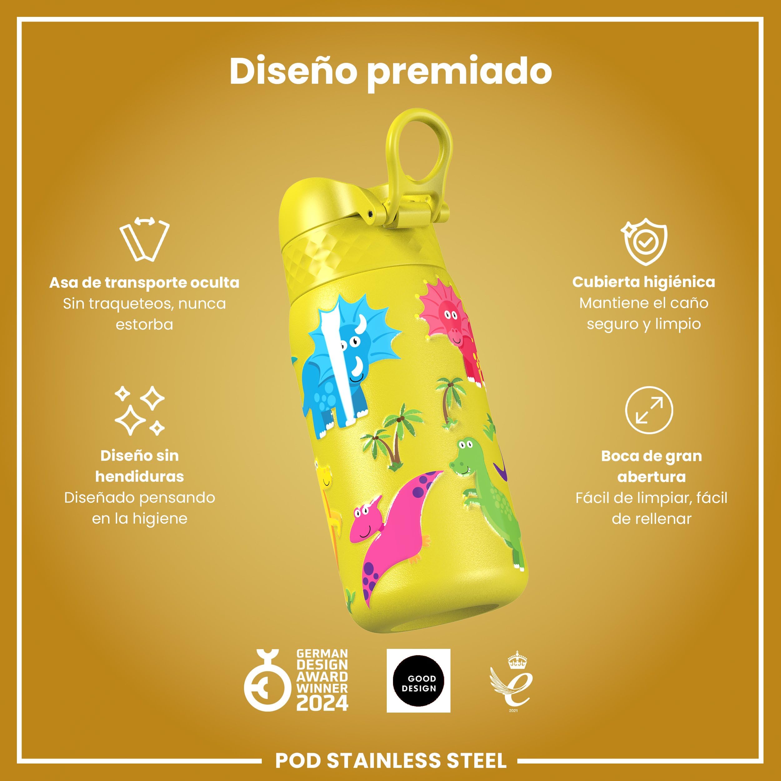ion8 Botella Agua Inox Ligero para Niños, 400ml, Sin Aislamiento, a Prueba de Fugas, Fácil de Abrir, Cerradura Segura, Apta para Lavavajillas, Tapa Abatible, Fácil de Limpiar, Dinosaurios