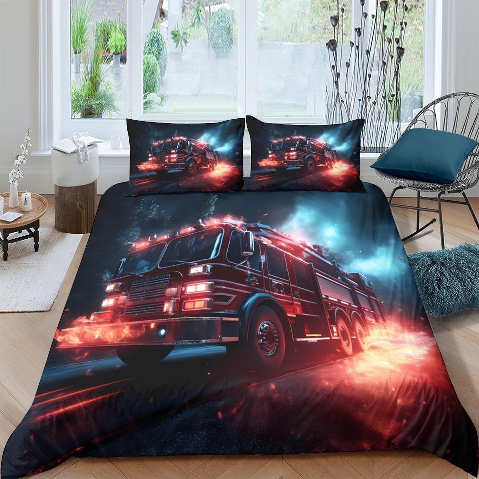Ctjqhvkz Style-6 3D Printed Fire Truck Fitted Sheet Microfiber Anti-Slip Bed Sheet For Bedroom Decor Dorm Guest Room Easy Care Single（135X200cm）