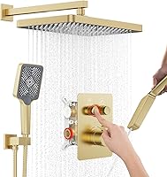 Vista 26 de KOJOX - Sistema de ducha negro mate con cabezal de ducha de lluvia de alta presión, cabezal de ducha de mano, mezclador de baño de lujo, juego