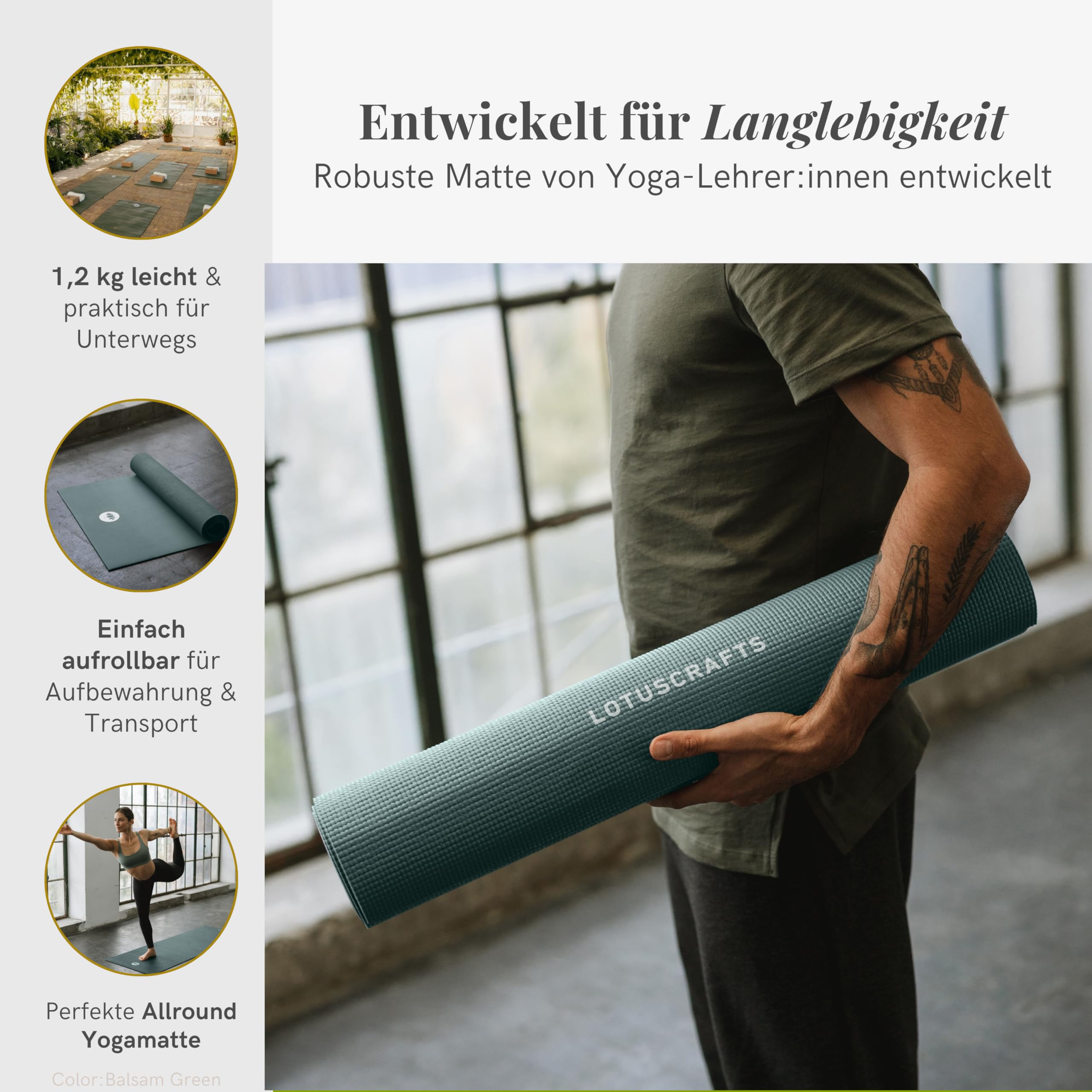 Lotuscrafts® Yoga Matte Rutschfest, 183 x 61 x 0,5 cm, Leichte Fitnessmatte auch als Gymnastikmatte, Sportmatte - Hautfreundlich & Schadstoffgeprüft