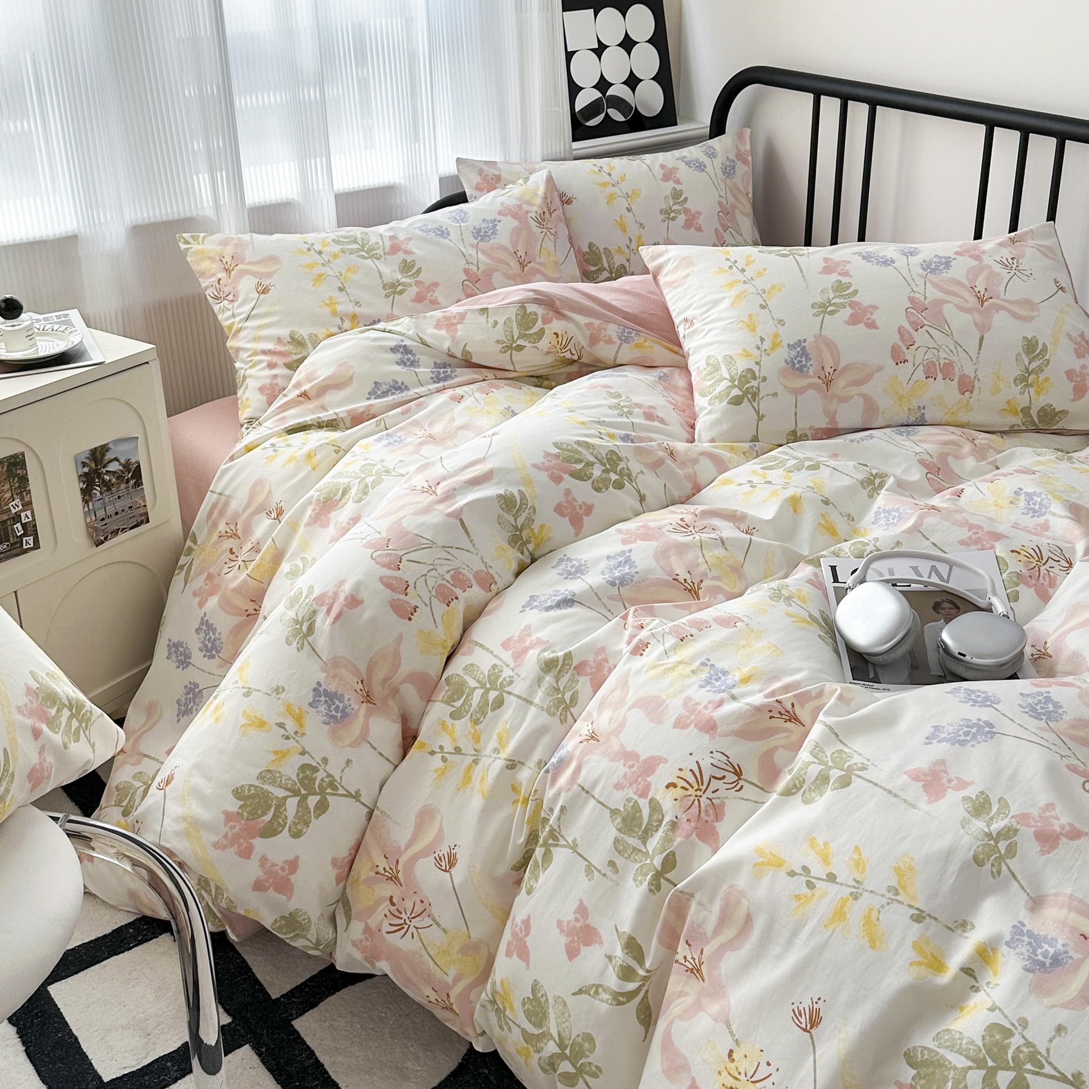GETIYA Romantisch Blumen Bettwäsche 200x200 Baumwolle Bettwäsche Damen Mädchen Bunt Blumen Muster Bettbezug Doppelbett Blümchen Floral Muster Bettwäsche mit 2 Kissenbezug 80x80
