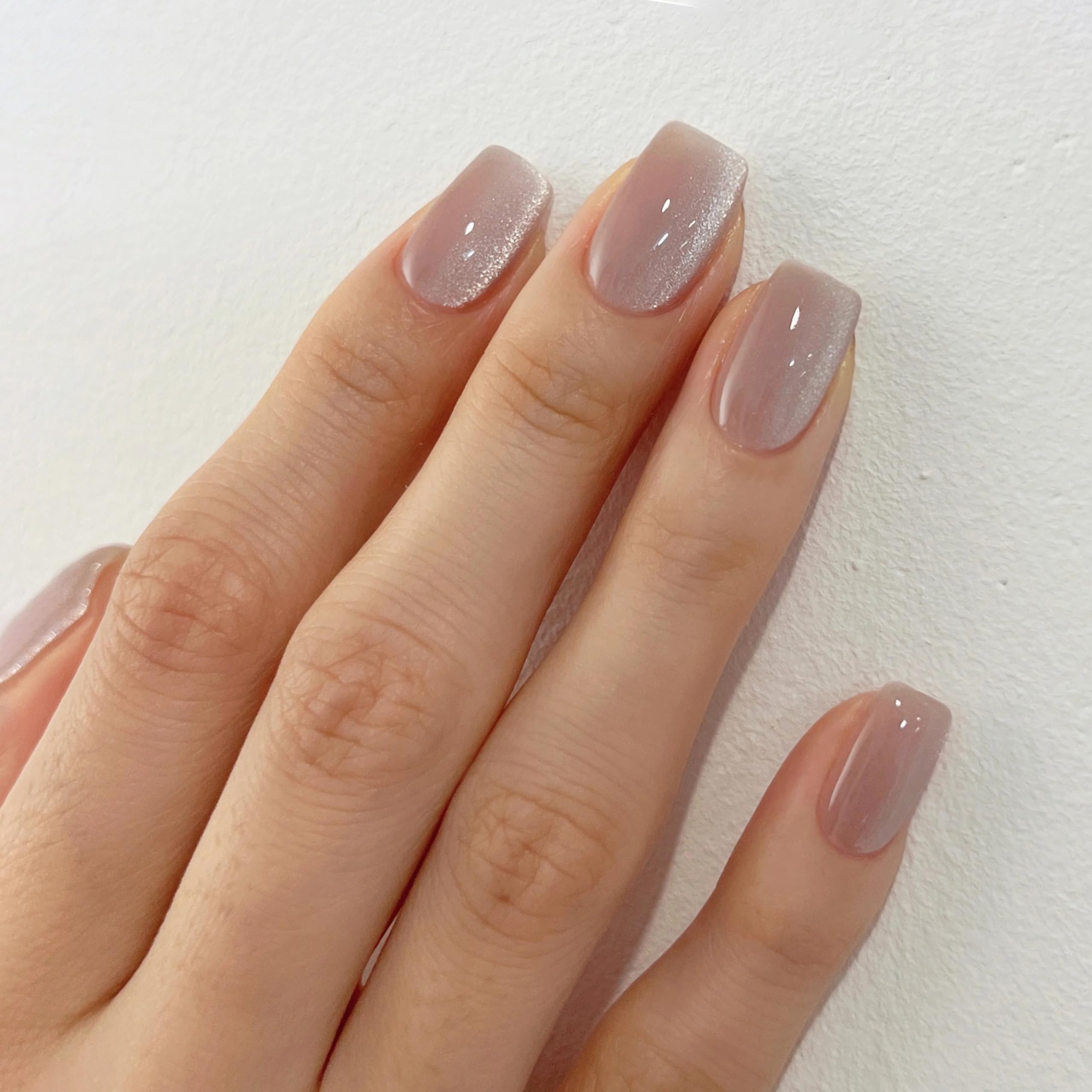 Qsnidy Press On Nails Square, Light Mauve Cat Eye Press on Nails Medium Acrylic Fake Nails, Glossy Full Cover Stick on Nails for Women and Girls,