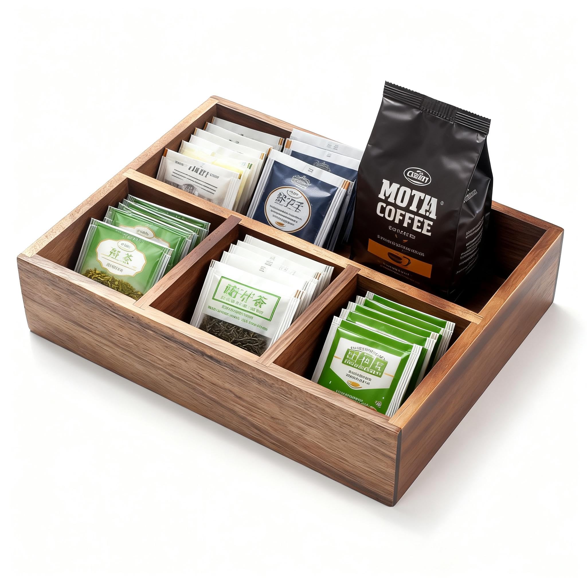 XIMISISE Porta bustine di tè, organizer per bustine di tè in legno di acacia, cestino per caramelle, organizer per pacchetti di zucchero, organizer per condimenti per caffetterie