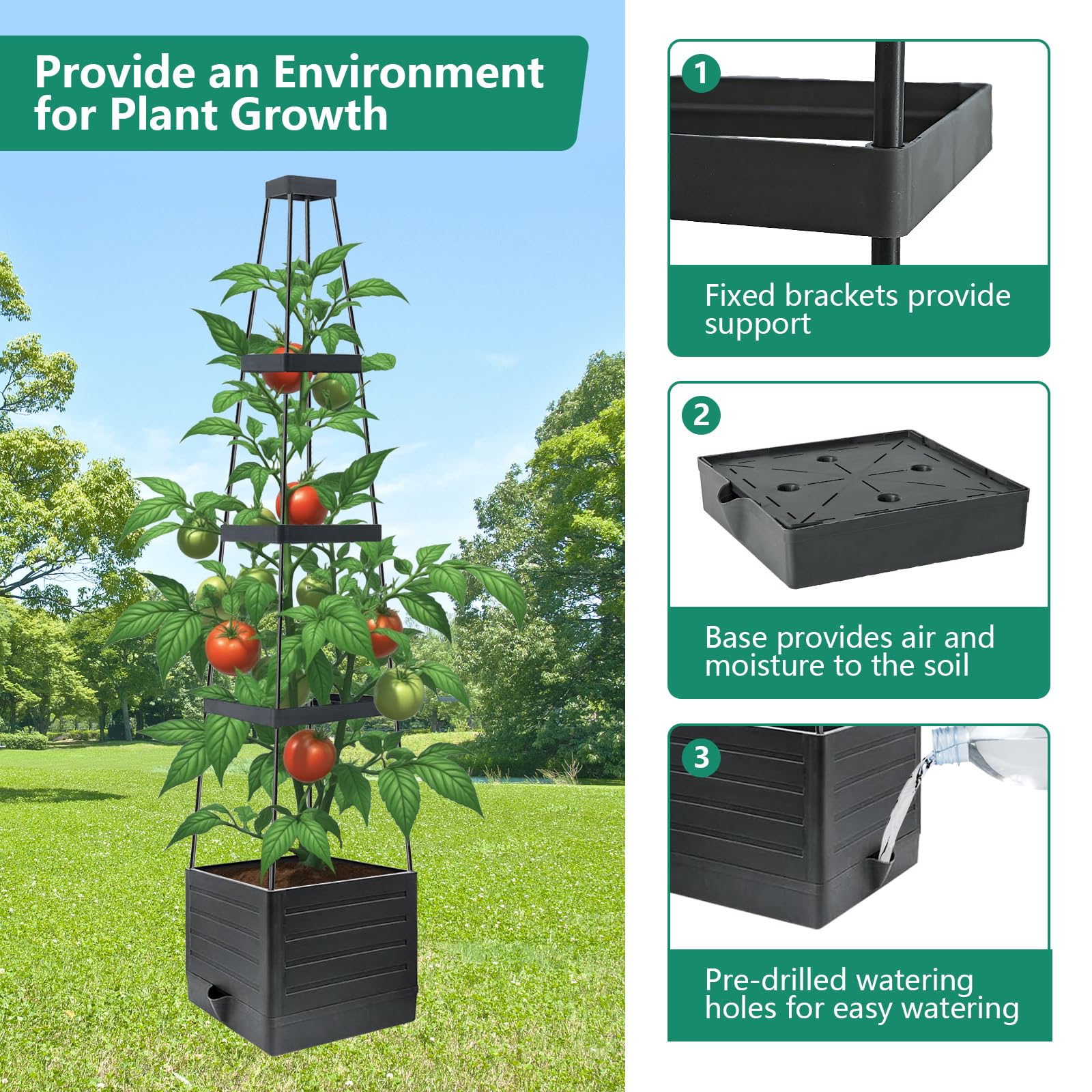 2 Vasi Auto-irriganti Con Traliccio Per Pomodori | Altezza Regolabile Fino A 113,8 Cm | Con Serbatoio D'Acqua | Per Piante Rampicanti Interno/Esterno