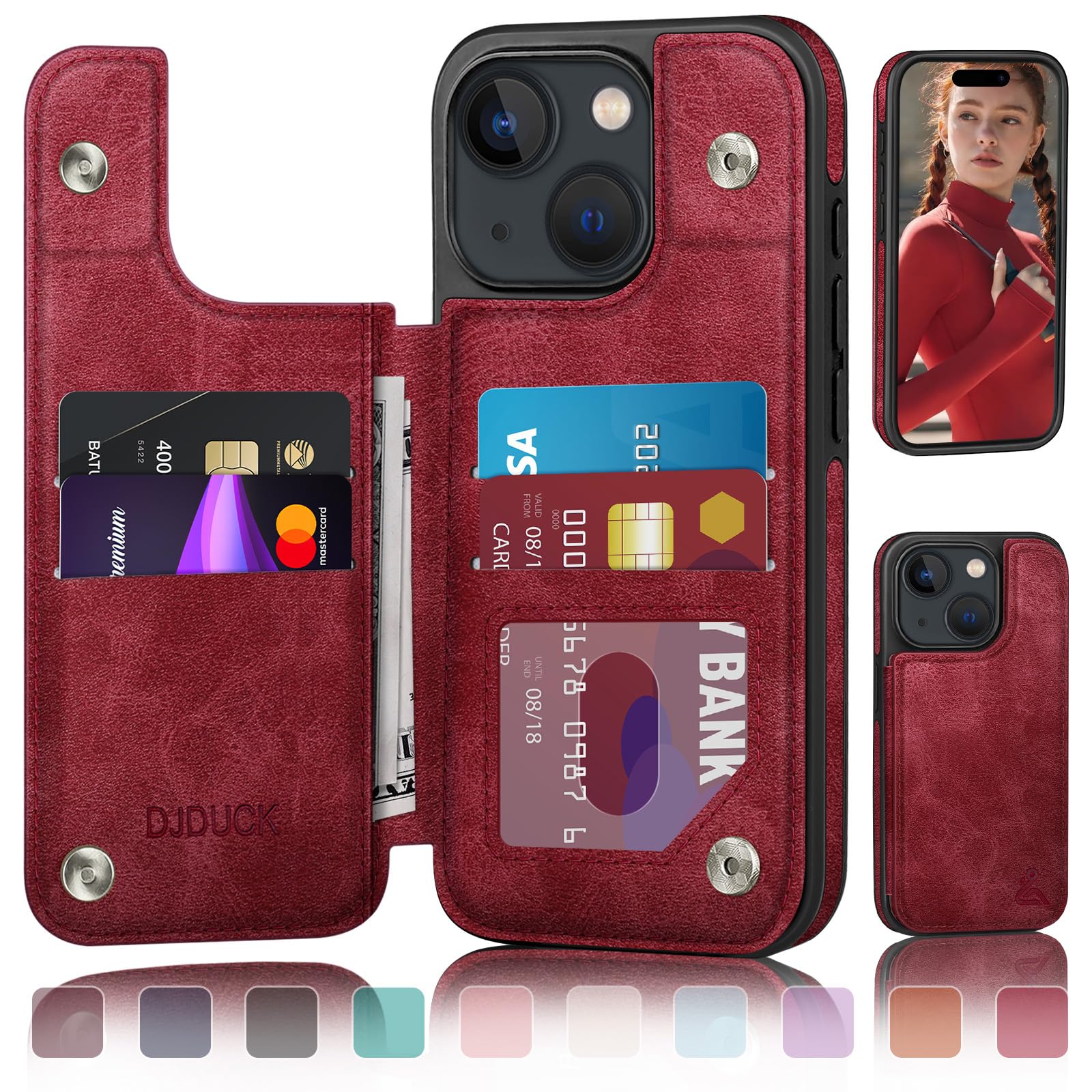 DJDUCK Designed for iPhone 15 Plus Case Wallet with Card Holder, [Magnetic Clasp Cover] [RFID Blocking Leather Protection] Shockproof Women Men Cases