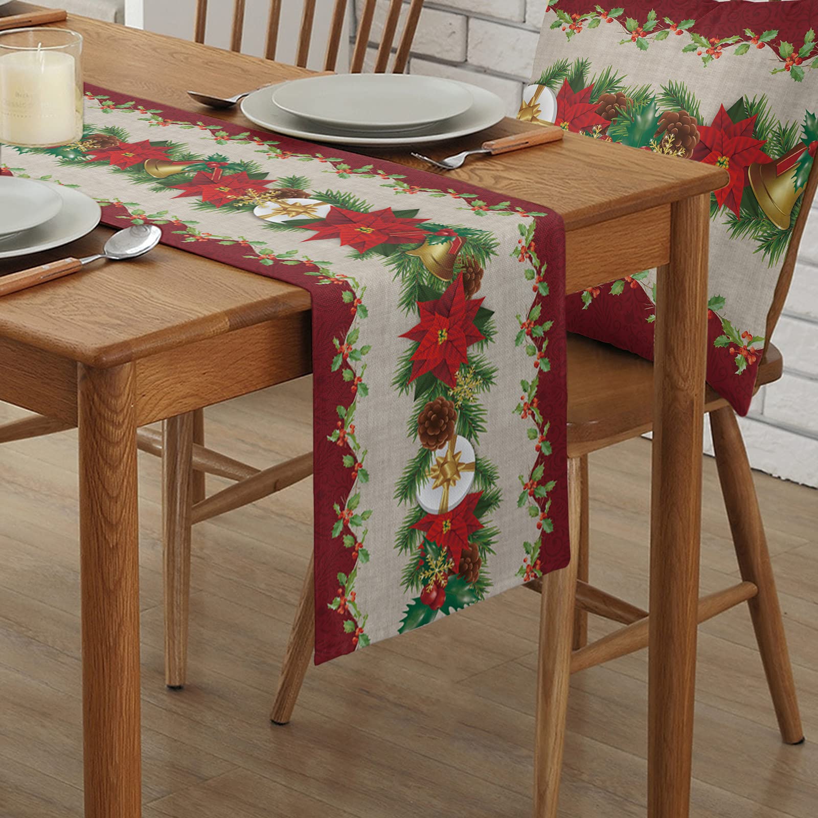 Christmas Dining Table Runner Dresser Scarf Linen Burlap Fabric,Vintage Poinsettia Holly Tree Xmas Bells Decor Washable Table Runners 90 Inches Long for Farmhouse Kitchen Wedding Party Decor