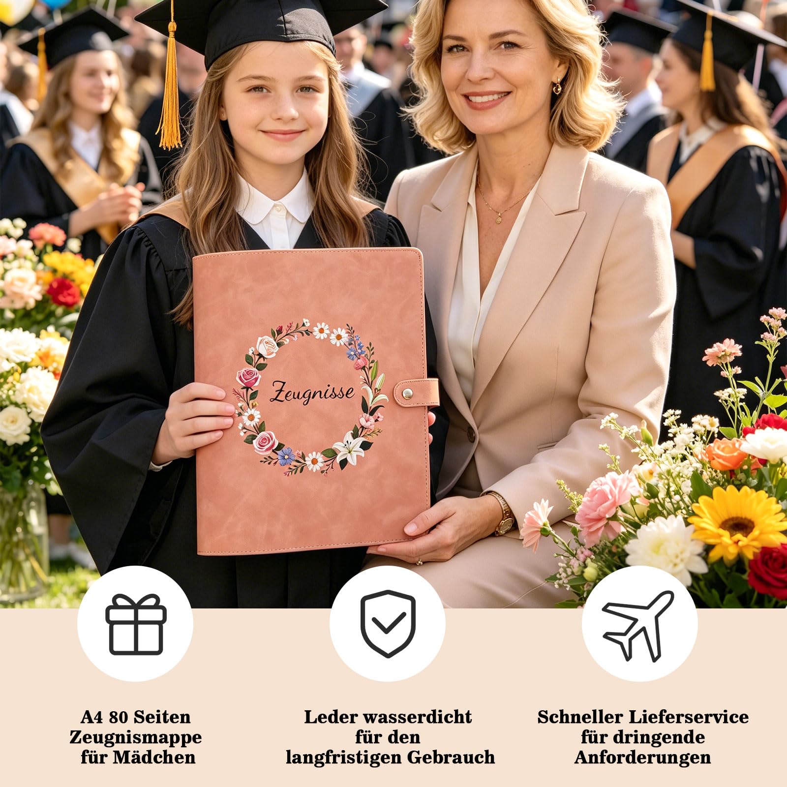 Zeugnismappe Mädchen A4 Mit 40 Hüllen - PU Leder Farbige Blumendrucke Schnellhefter Ordner Dokumentenmappe Schule Zubehör Fächermappe Abitur Geschenke und zur Einschulung Geschenke (Rosa)
