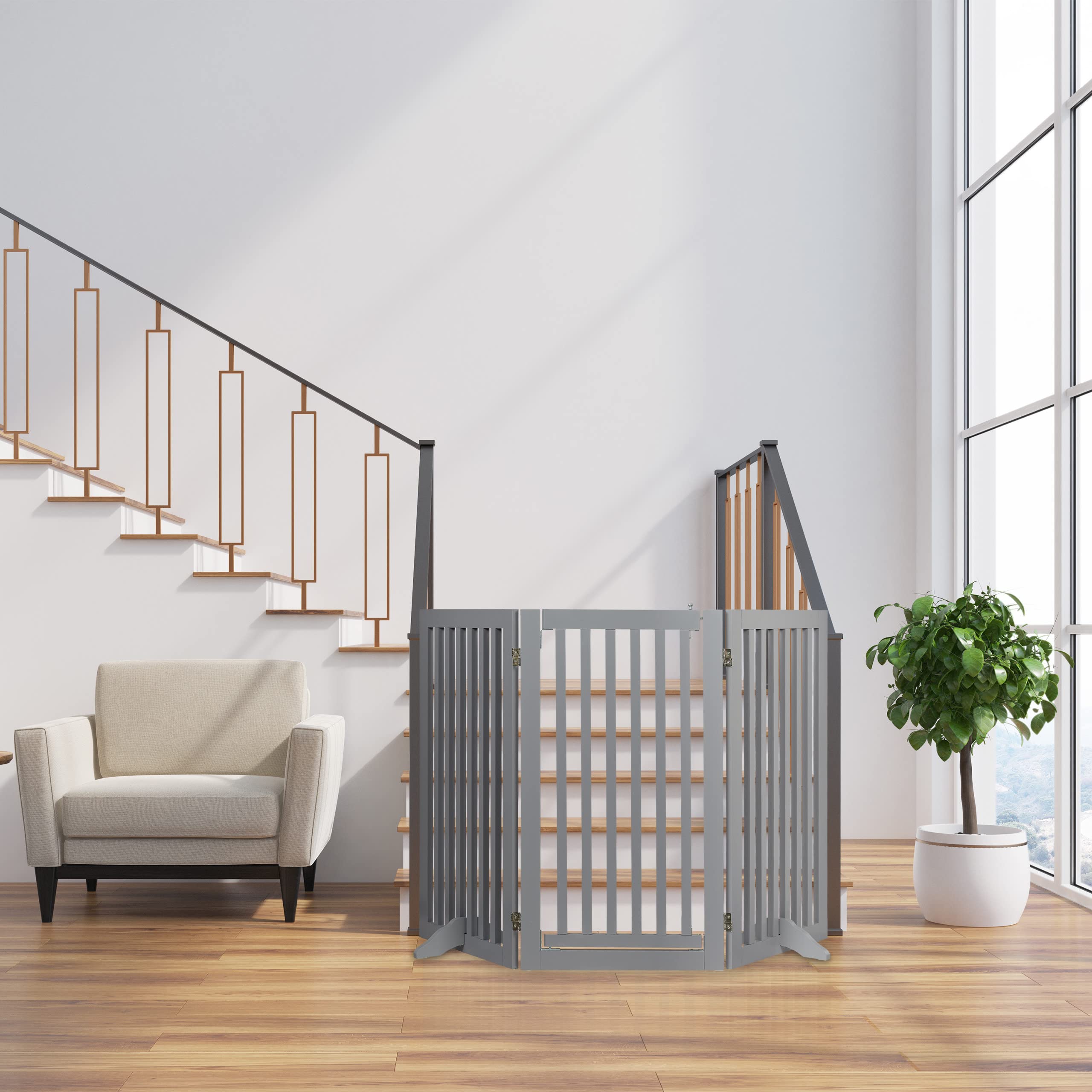 Relaxdays Barrera Seguridad Niños, Valla Protectora con Puerta, para Escaleras, 92x154cm, Plegable, sin Taladrar, Gris