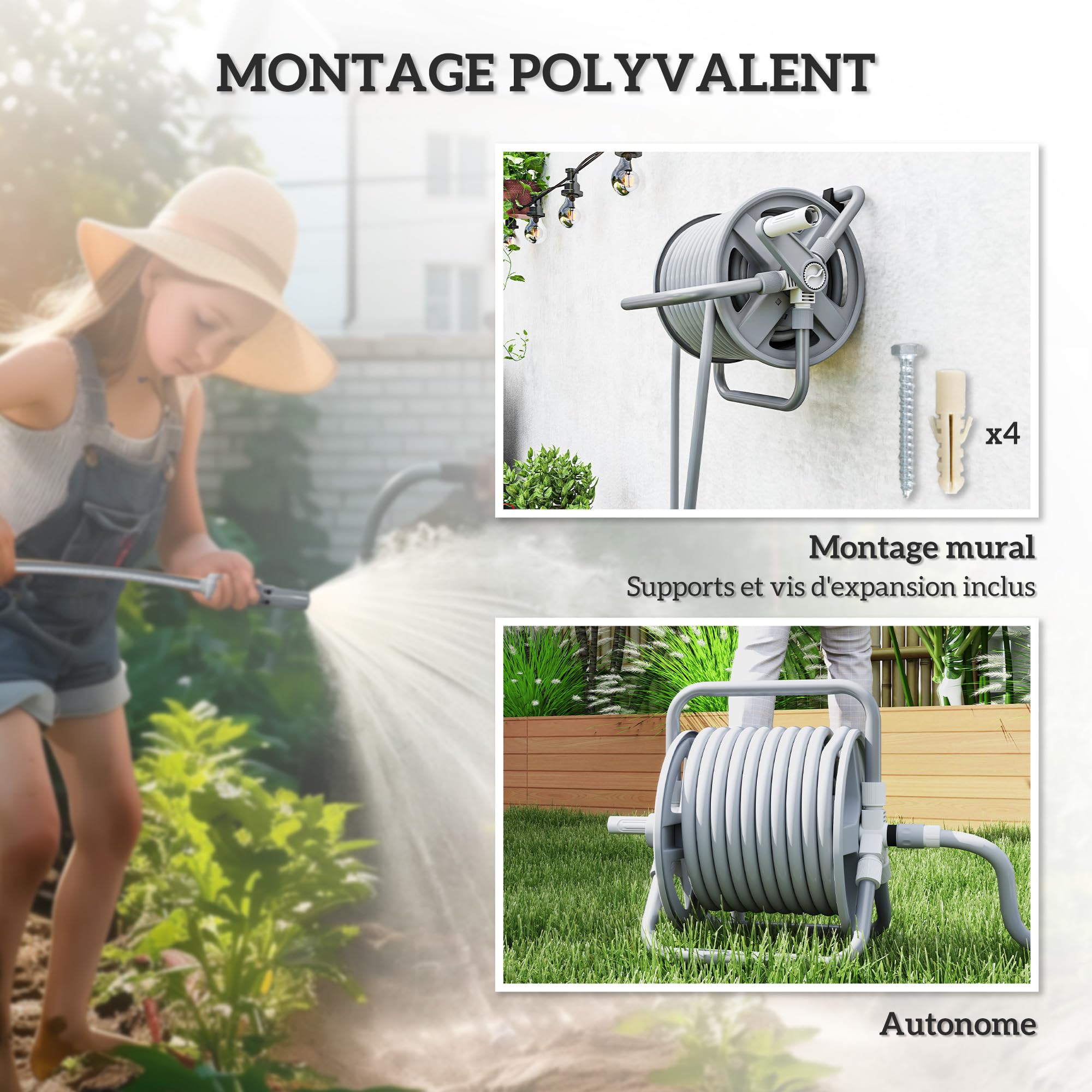 Outsunny Avvolgitubo da giardino con 20 m e tubo di ingresso da 2 m, da appoggiare o fissare a parete, ugello di spruzzatura regolabile 2 in 1