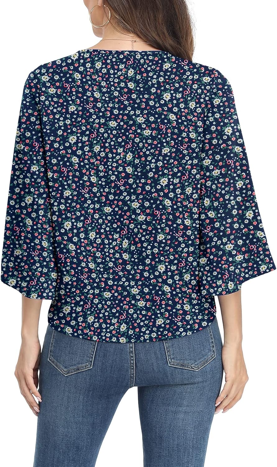 VIISHOW Women's Button V Neck Chiffon Tops 3/4 Bell Sleeve Tie Knot Casual Blouses Loose Summer Shirts - Image 4