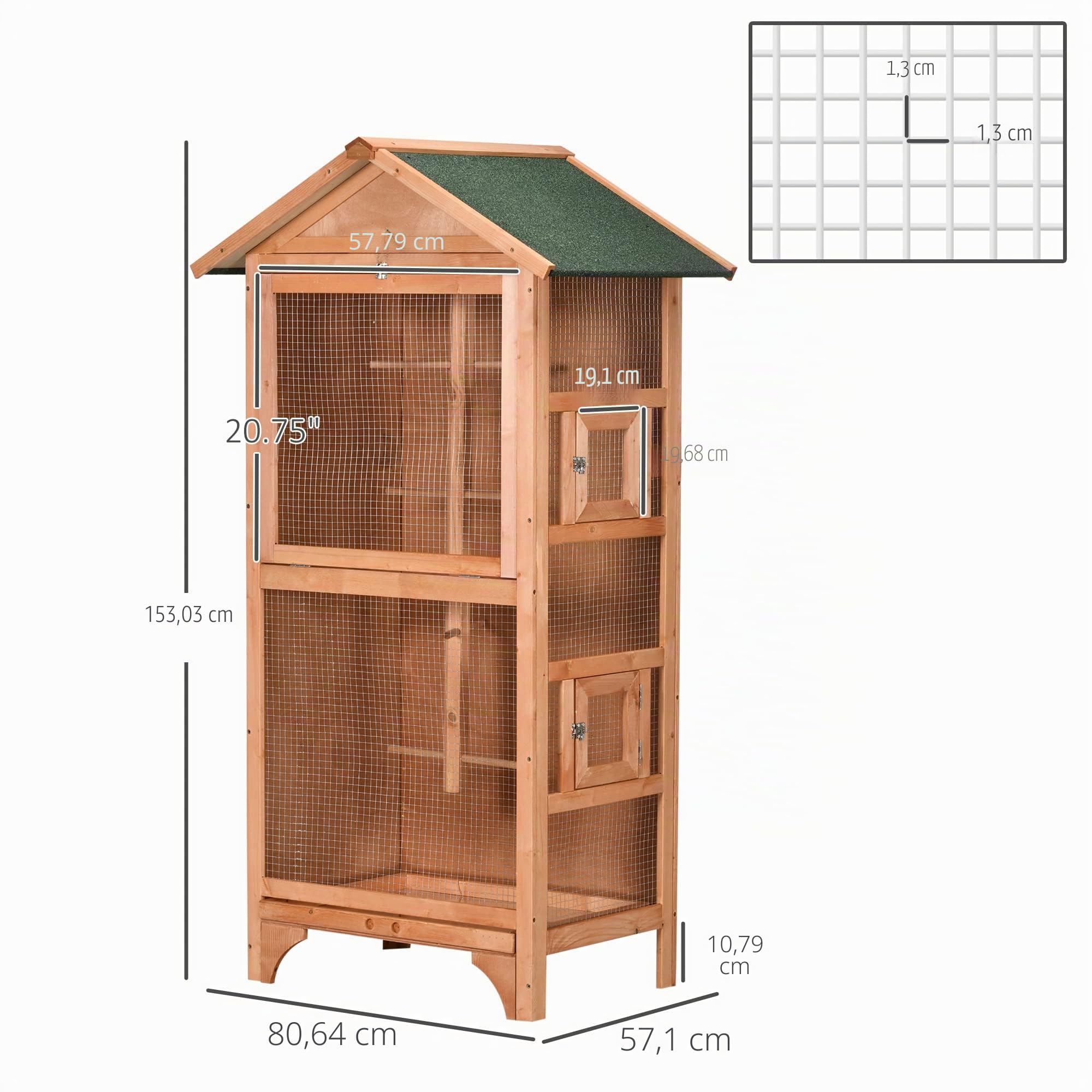 PawHut Jaula para Pájaros de Madera con 3 Puertas 80,5x57x153 cm Natural | 4 Perchas, Bandeja Extraíble, Techo Asfáltico