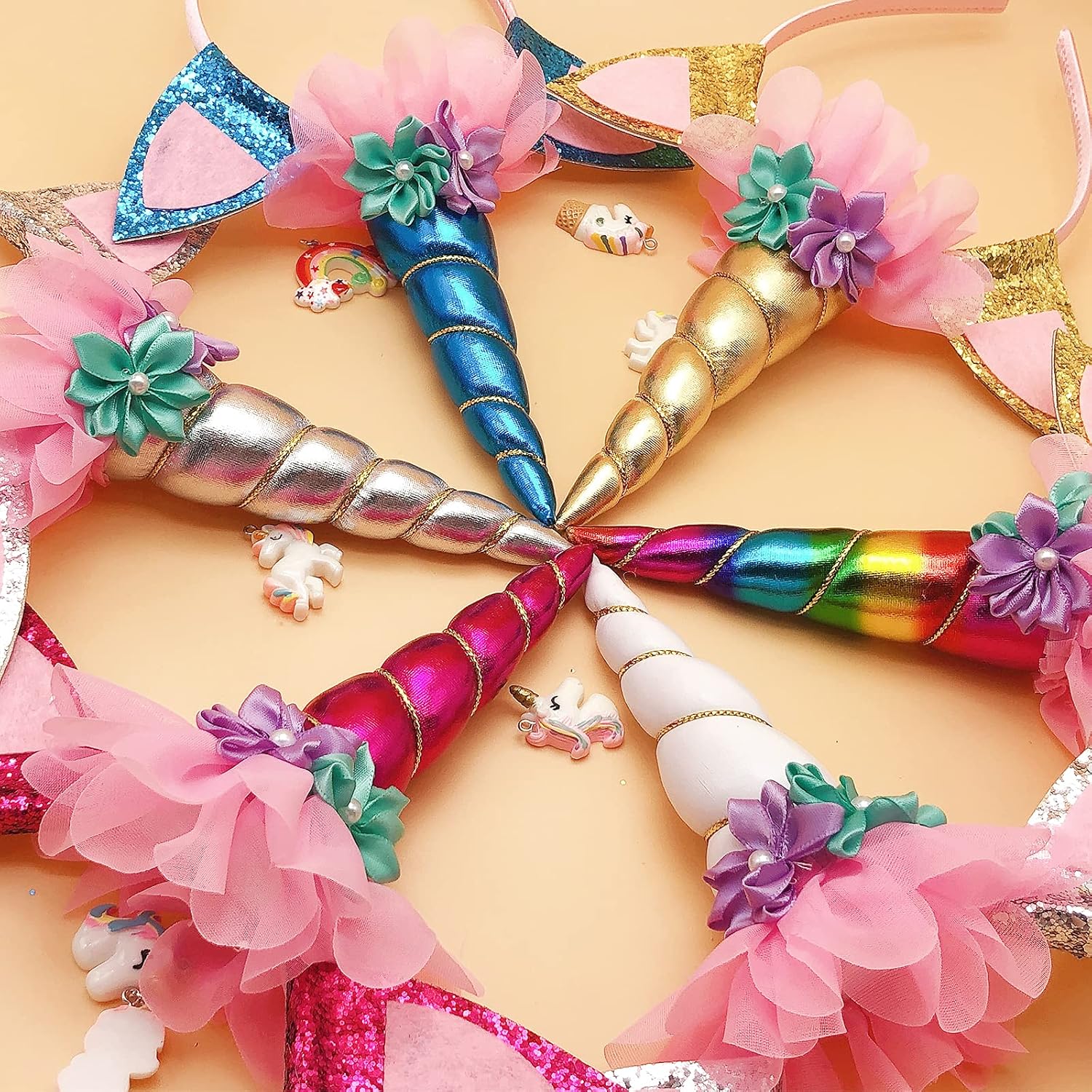 SUNOVELTIES 6 Pack Unicorn Horn Glitter Ears Flower Headband Birthday Party Favor Supplies