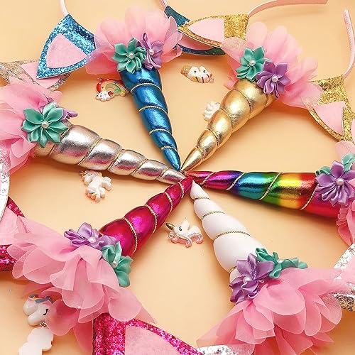 Miniatura 3 de Paquete de 6 diademas de flores con cuernos de unicornio con purpurina para fiesta de cumpleaños