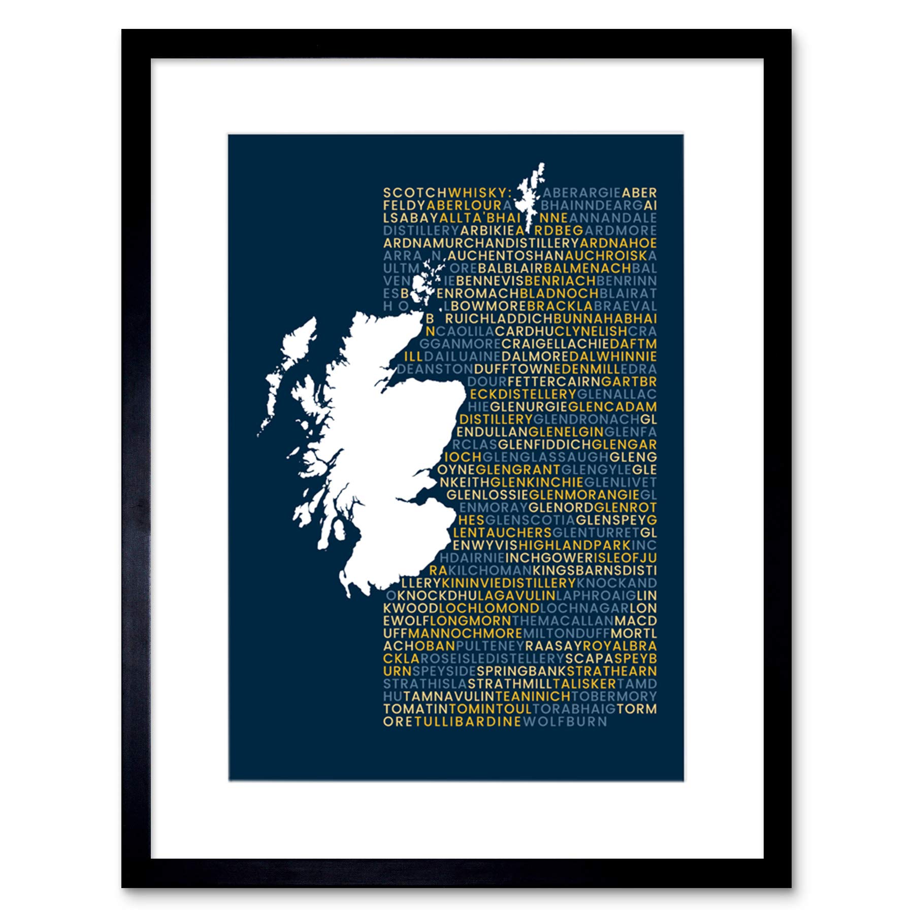 Wee Blue Coo Scotch Whisky Distilleries Map Framed Wall Art Print 9X7