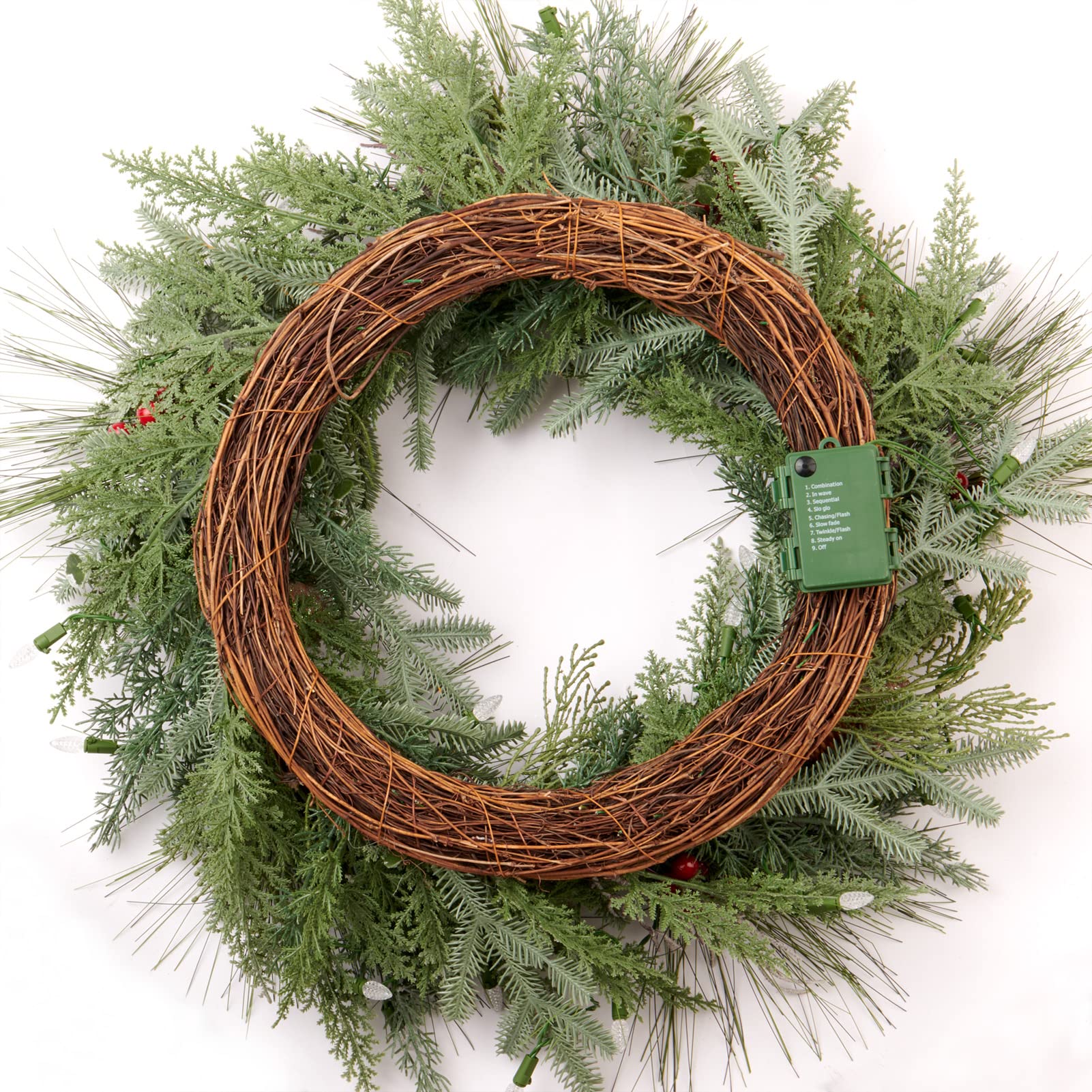 Couronne de Noël pré-éclairée pour porte d'entrée, branches de neige, 55,9 cm, fonctionne à piles, 50 lumières LED, décorations pour intérieur et extérieur, vert