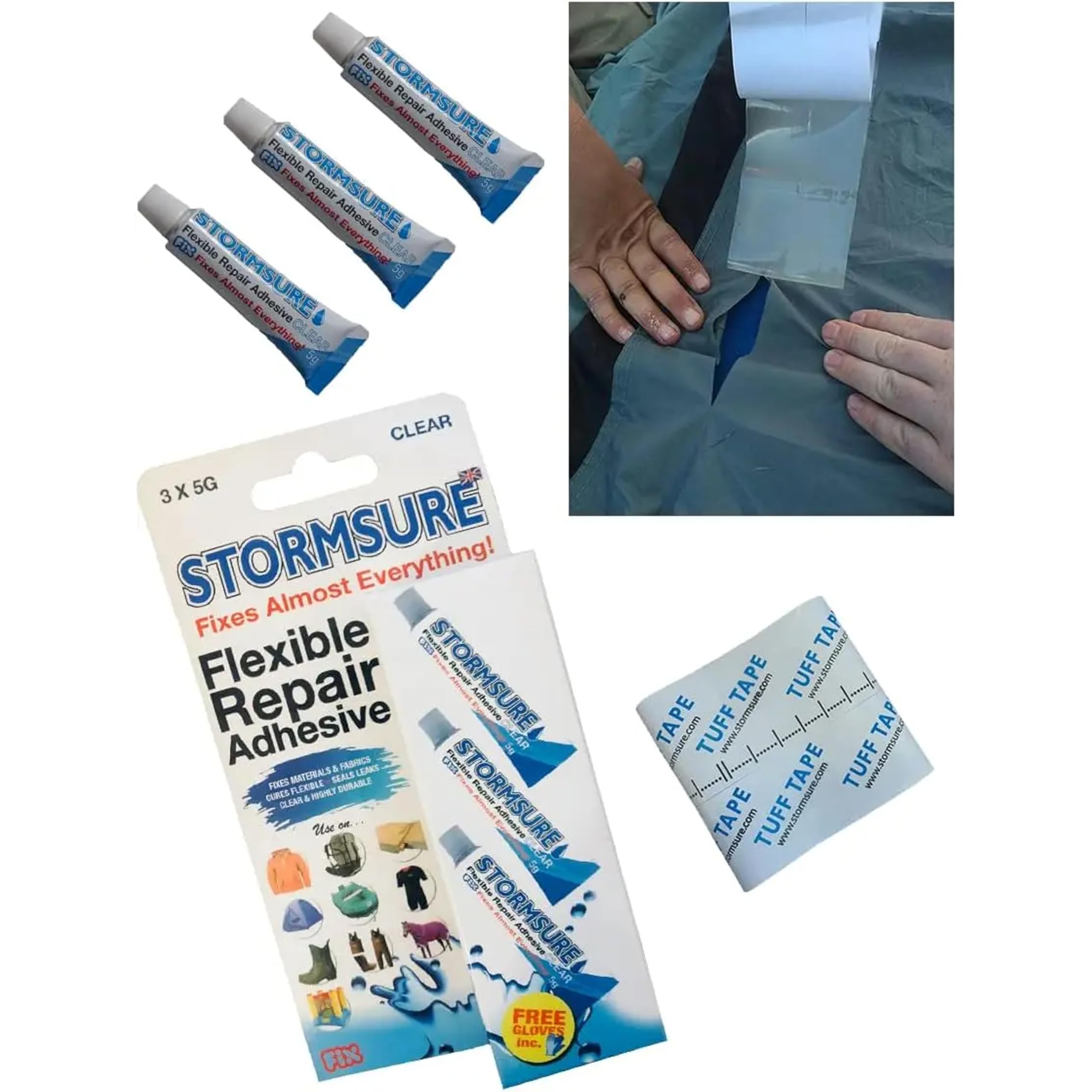 Camping, Tent, Outdoor Repairs Kit - Tent Tape 2m + Tent Adhesive 3 x 5g Clear - Essential for Outdoor Gear Repair: Seals Seams, Fixes Tears, Extends Lifespan