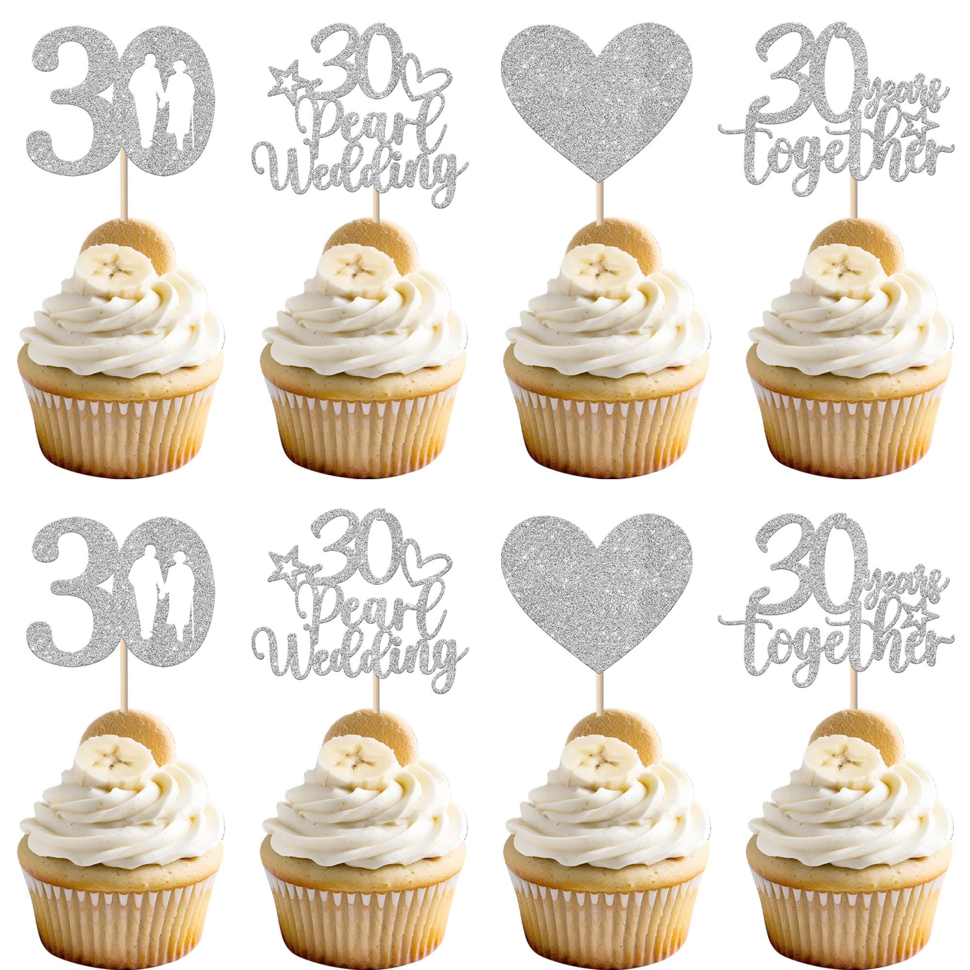 Xsstarmi 24 Pack 30 Pearl Wedding Cupcake Toppers Sweet Heart Glitter 30 Years Together Cupcake Picks for Happy 30th Wedding Anniversary Party Cake Decorations Supplies — image 1