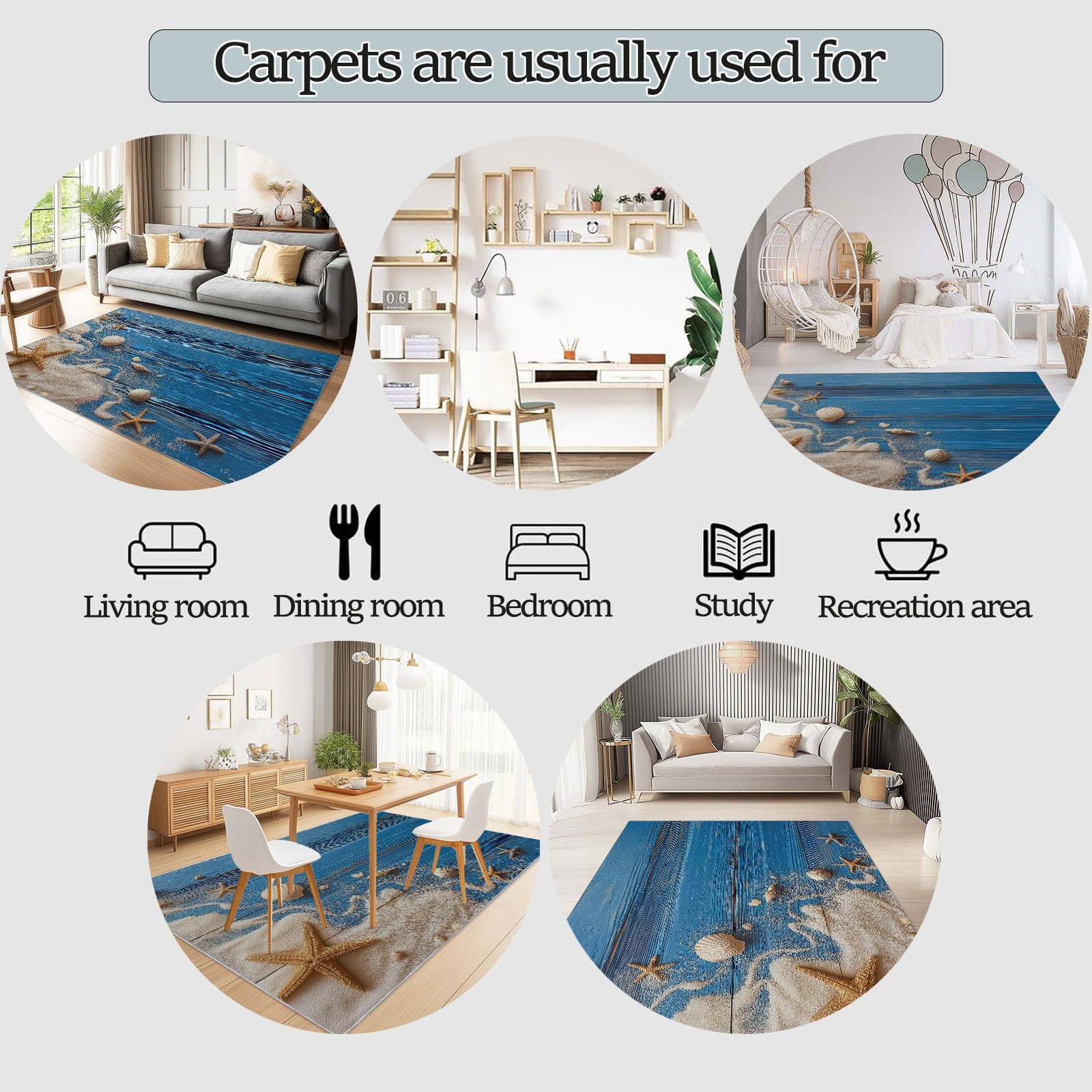 Tapis Réaliste 60x110cm à Motif, Beige Bleu Antidérapant et Lavable en Machine Poils Courts, Plage, Coquillages, Sable, Étoile De Mer pour Salon Chambre ou Bureau