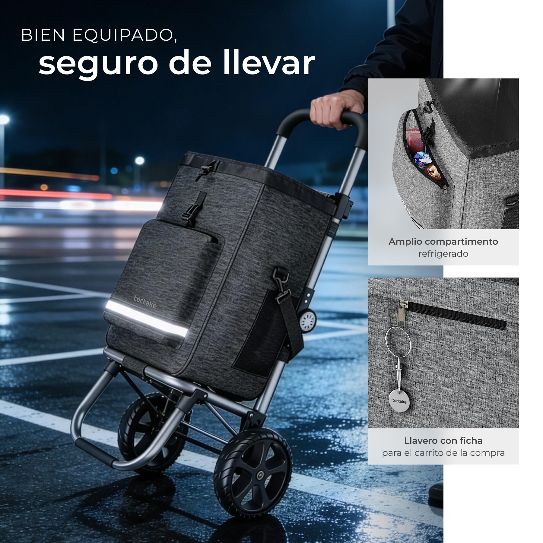 tectake® Carro de la Compra Plegable 3 en 1, Trolley, 56 L, Carrito Compra, Estructura de Aluminio, Bolsa Termica, Supermercado, Carro Plegable con Ruedas Silenciosas - Gris