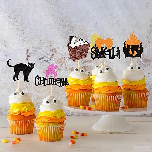 Miniatura 6 de Ercadio Paquete de 24 adornos para magdalenas con purpurina para niños, con purpurina de Hocus Pocus, para Halloween, brujas, para Halloween, tema
