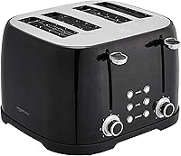 Amazon Basics 4-Slice Toaster Black - 6 Browning Settings, Bagel/Defrost, Removable Crumb Tray, 1600W