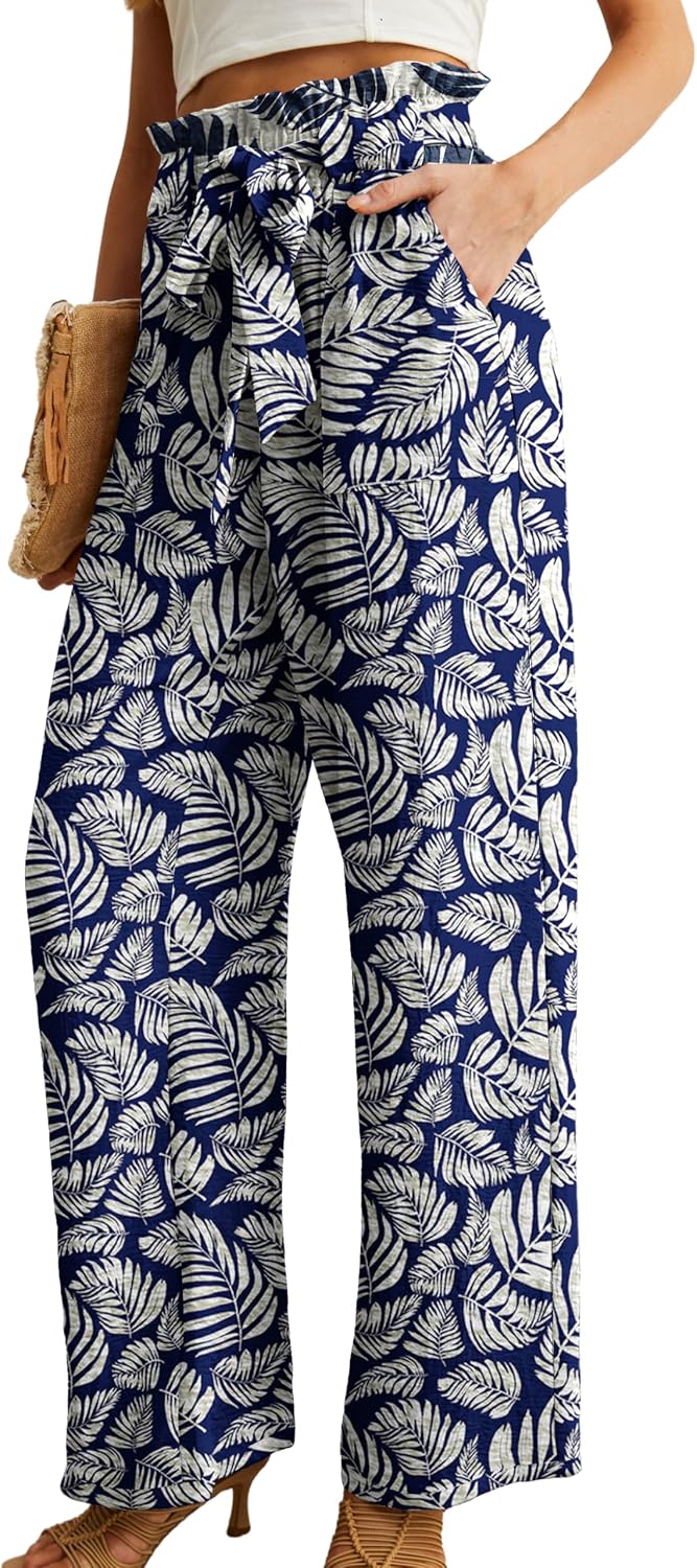 IWOLLENCE Women High Waist Palazzo Pants, Adjustable Knot Ankle Wide Leg Trousers Pockets Beach Vacation Lounge Office thumbnail