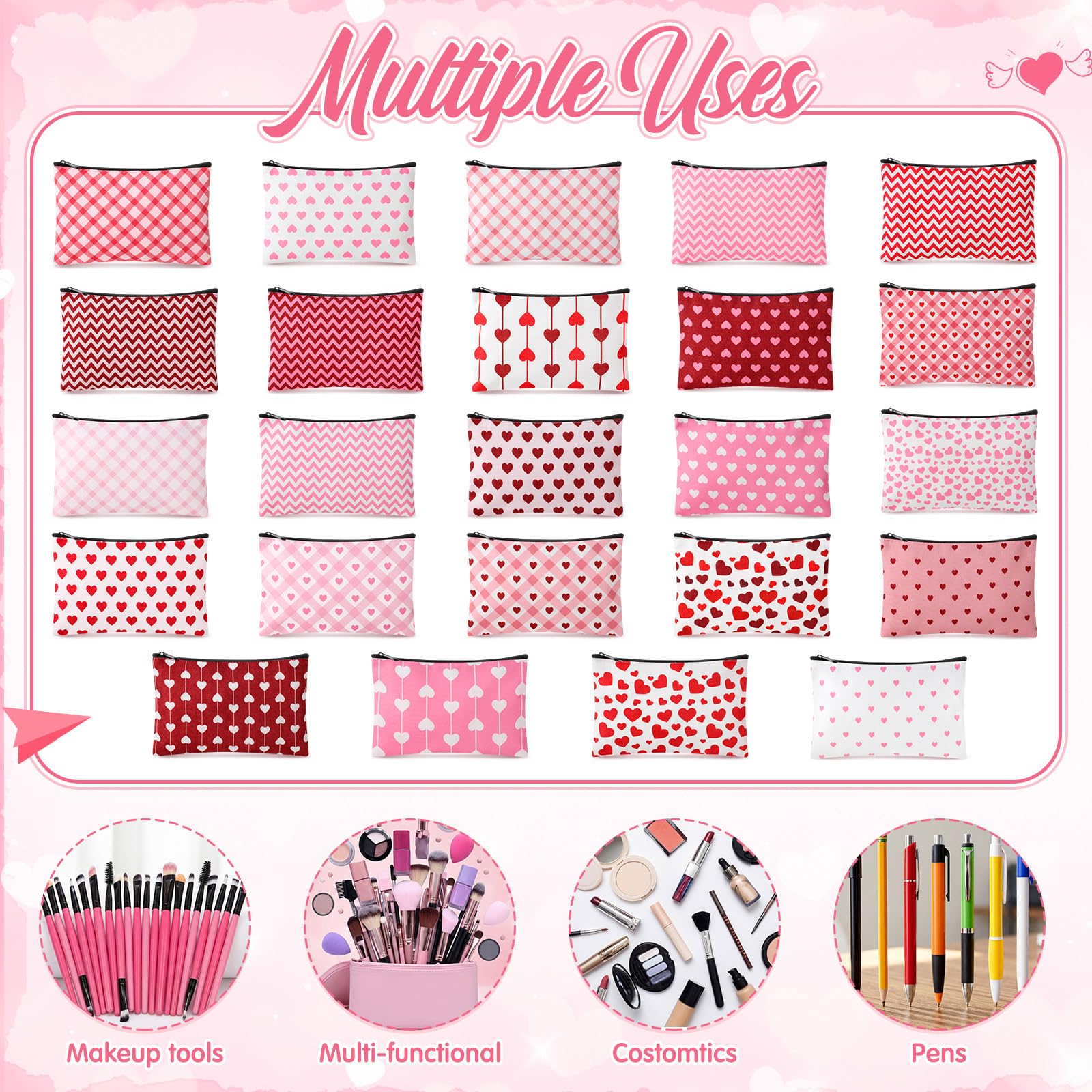 Shinylin 24 Pcs Mother's Day Bulk Spring Party Favors Wildflower Makeup Bags Wildflower Party Decorations Flowers Canvas Cosmetic Bags with Zipper for Travel Toiletry Organizer(Heart)