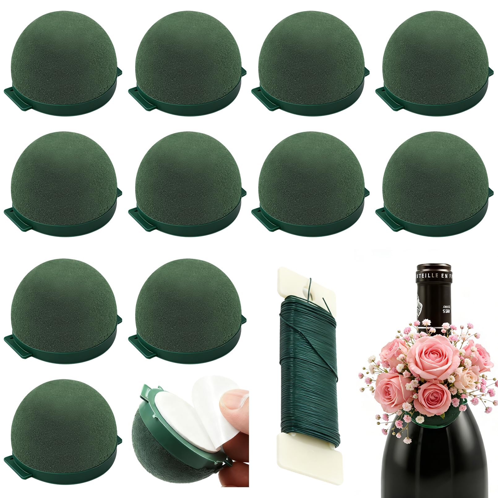 12 Pack Mini Round Floral Foam Holders with Green Wire, Wet Flower Arrangement Foam Cage for Fresh Flowers, Wedding Centerpieces, Table Decorations, Wine Bottle Floral Display