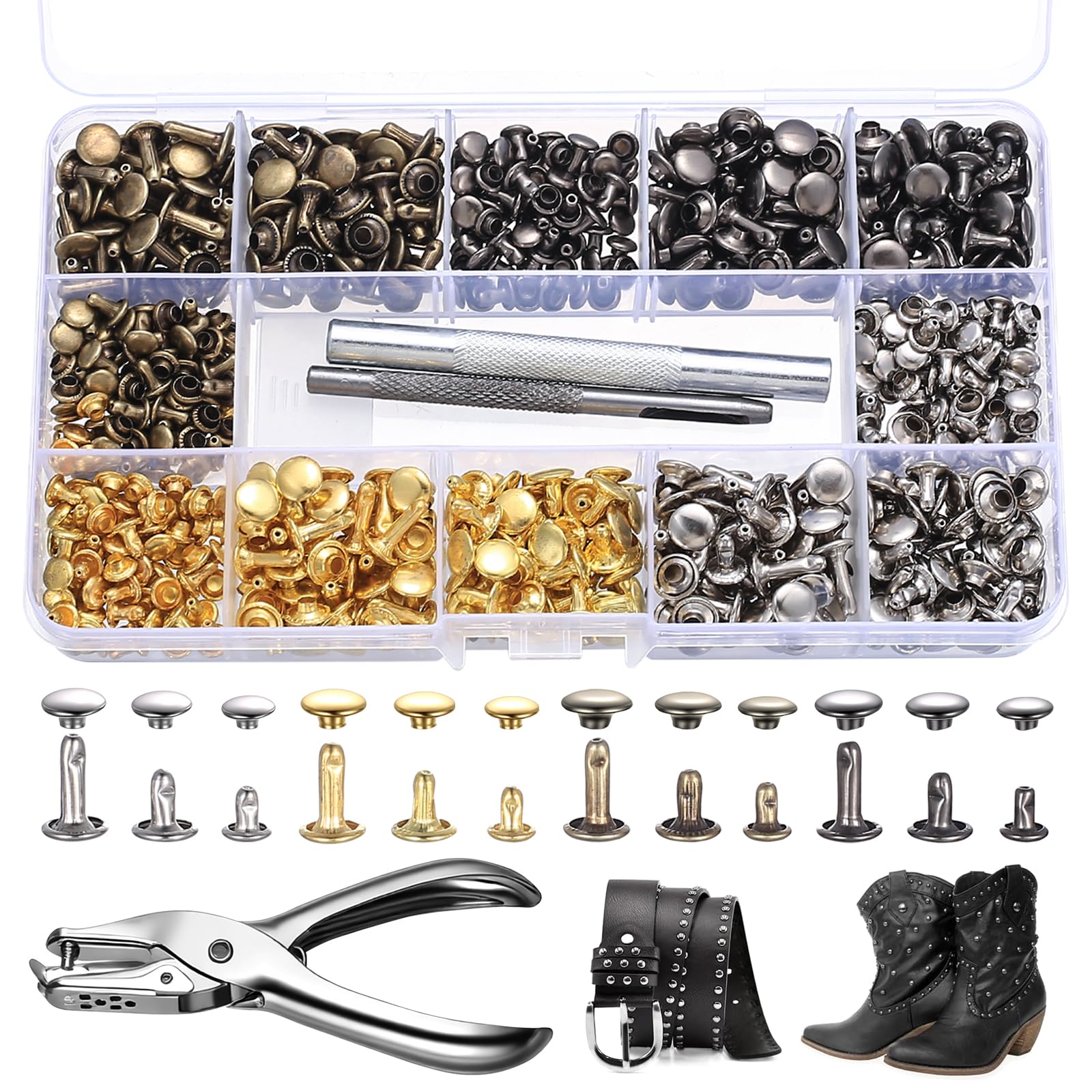 400 Juegos Remaches para Cuero, Tachuelas para Ropa, Remaches para Ropa, 12mm 8mm 6mm Rivets huecos de doble tapa ara decoración de hebillas de cinturón, 4 colores, con herramienta