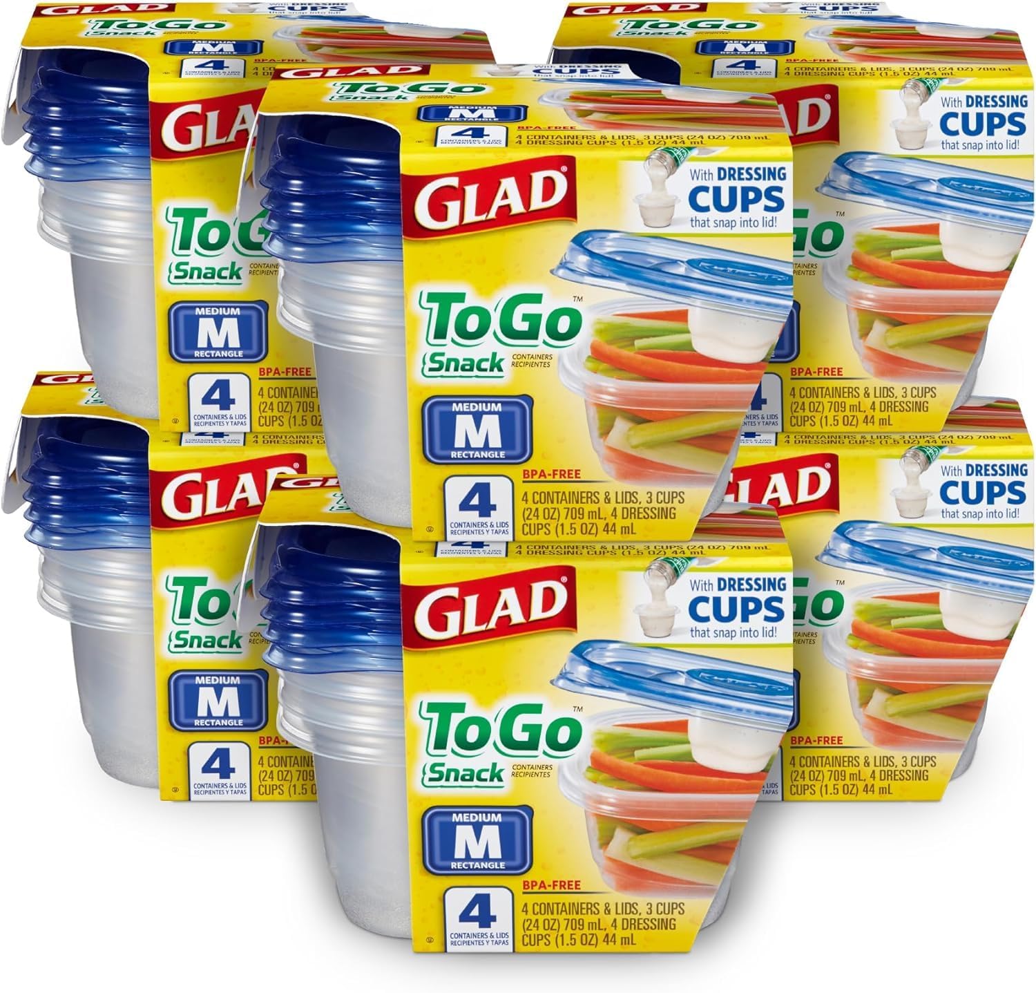Glad GladWare To Go Lunch Food Storage Containers with Lids, Medium Round BPA Free Plastic with Built-In Dressing Cup for Salads and Lunches, Microwave Dishwasher Safe, 32 Oz, 4 Count - 6 Pack