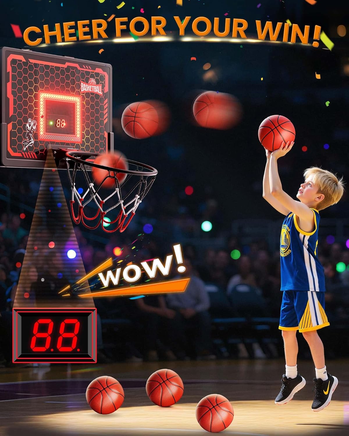 Indoor Basketball Hoop Pro for Kids, Over The Door Basketball Hoop with LED Light/Scoreboard/4 Balls- Upgraded Anti-Impact Backboard, Basketball Toys Gifts for 6 7 8 9 10 11 12 Year Old Boys