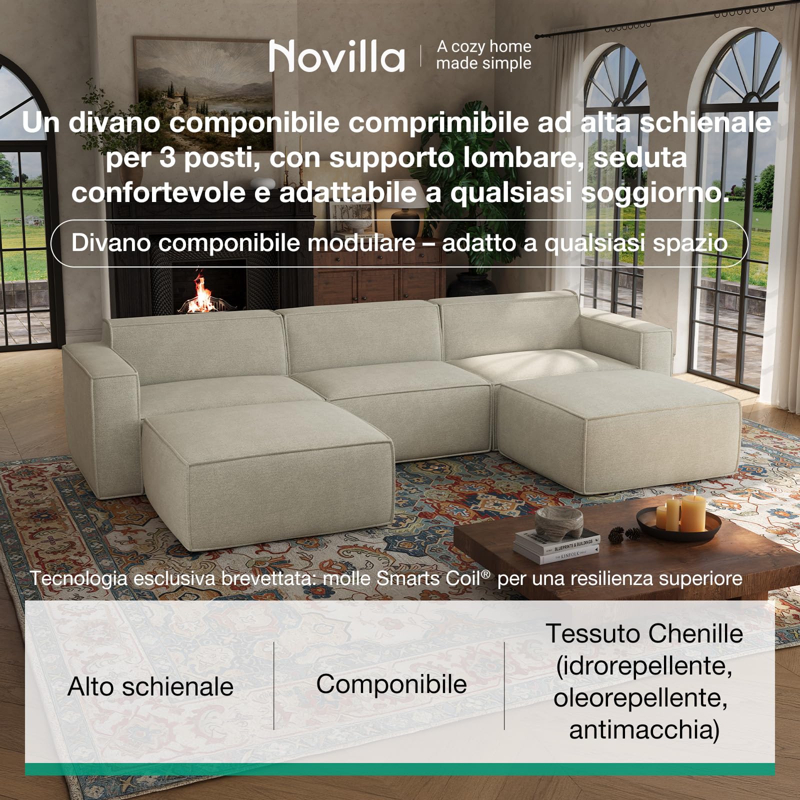Novilla 214 cm Divano Angolare 3 Posti Convertibile Modulare in Chenille
