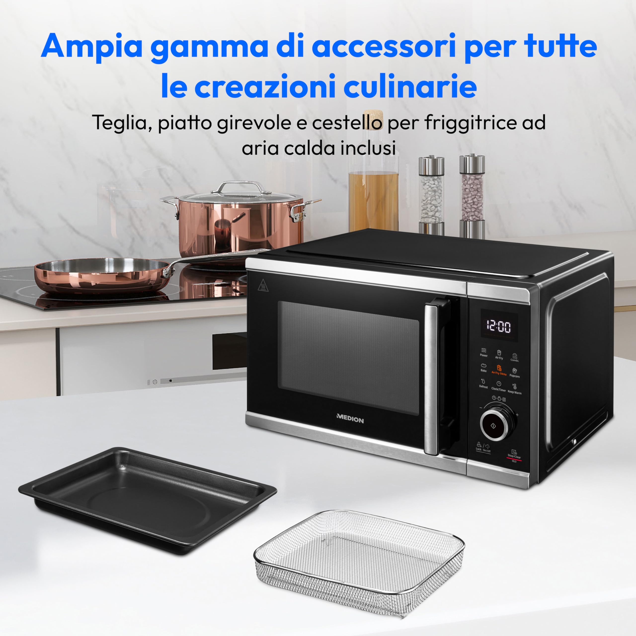MEDION Microonde con funzione friggitrice ad aria calda (25L, 900W, 1500W aria calda, 9 programmi automatici, 10 livelli di potenza, modalità scongelamento, MD11499) nero