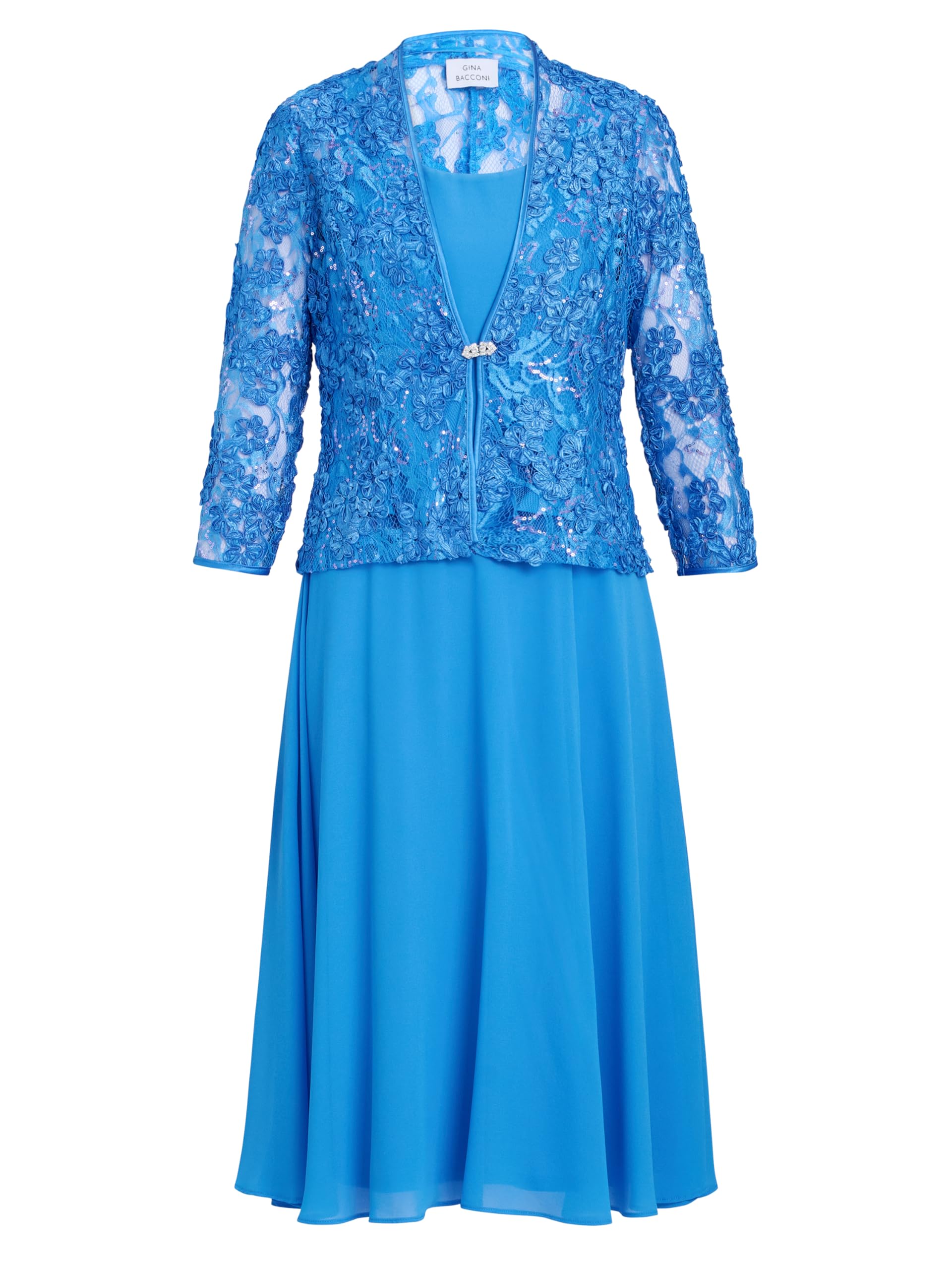 Gina Bacconi Women's Soutache Lace Jacket with Chiffon Dress Cocktail, Cobalt, 18