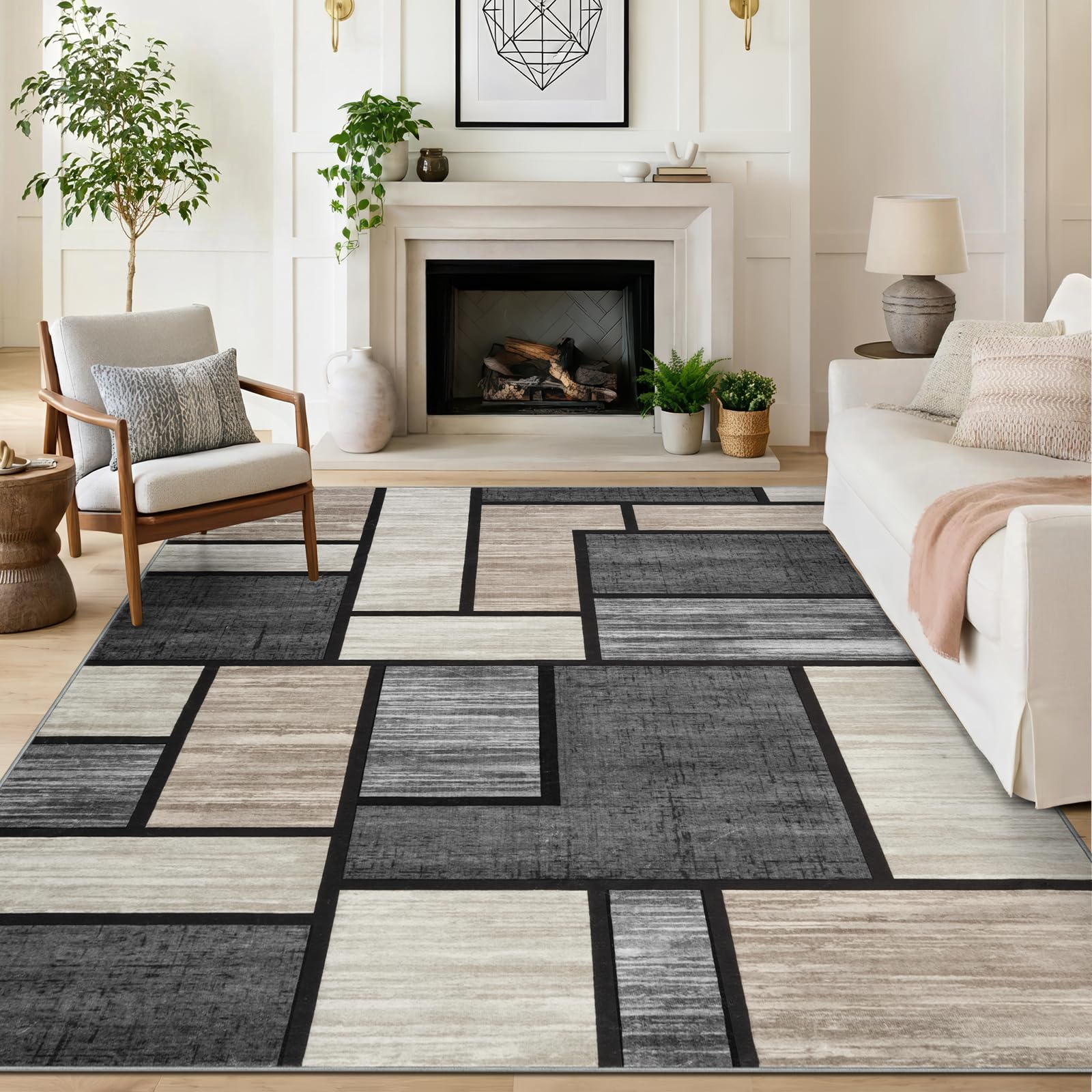 IMIYOKU Modern Rugs for Living Room Brown Grey Geometric Area Rug 160x230cm Washable Rug for Bedroom Large Non Slip Soft Carpet, Easy Care, Pet Kids Friendly Home Decor
