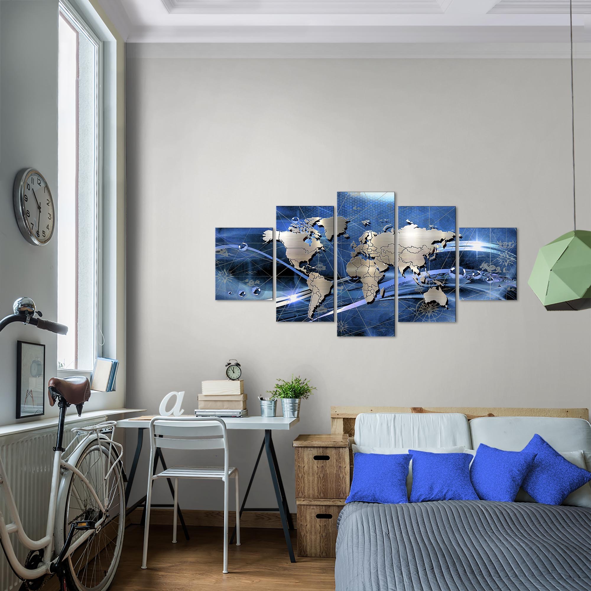 Runa Art - Cuadros Decorativos Mapa Del Mundo 200 x 100 cm 5 Piezas XXL Decoracion de Pared Diseño Azul 106851a