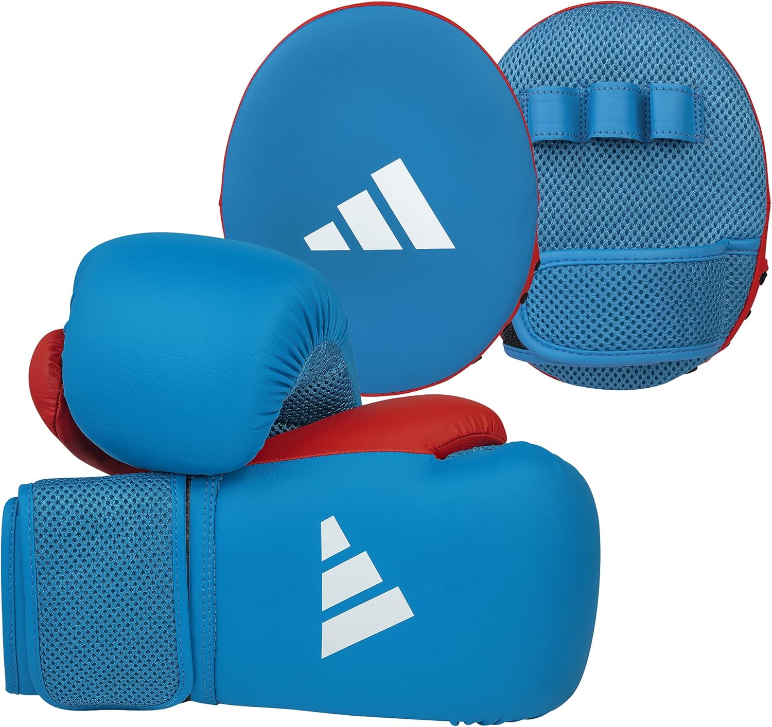 Adidas Boxing Home Training Kit - Pair of Gloves and Mitts 2pc Set for Adult & Kids, for Boxing, Punching Bag, Kickboxing, MMA, and Training, Blue Red