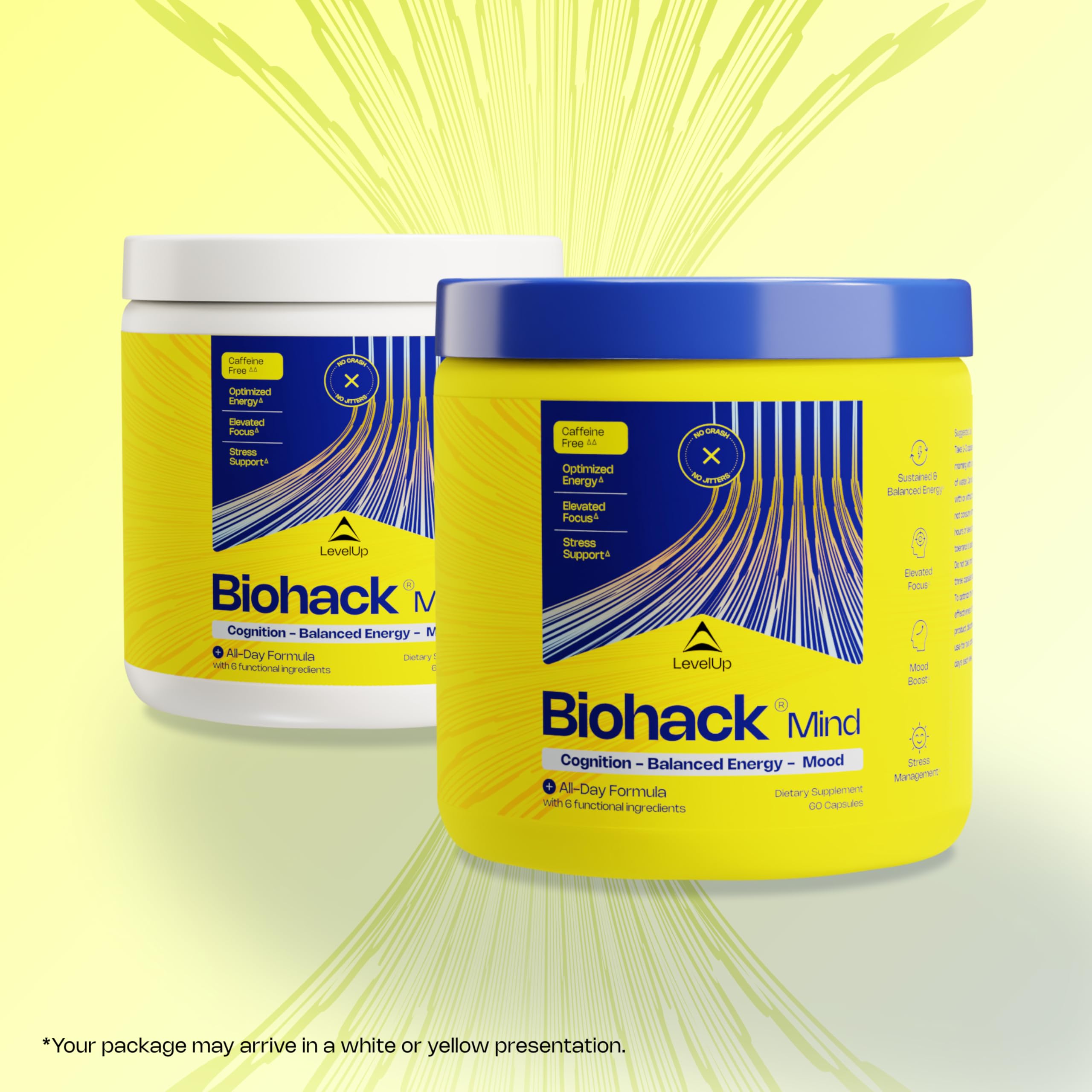 LevelUp Biohack Mind - Nootropic Brain Supplement for Men & Women | Balanced Energy, Focus, Mood & Stress Optimization with Ashwagandha, Lion's Mane, Alpha GPC, Ginseng and More - 60 Count