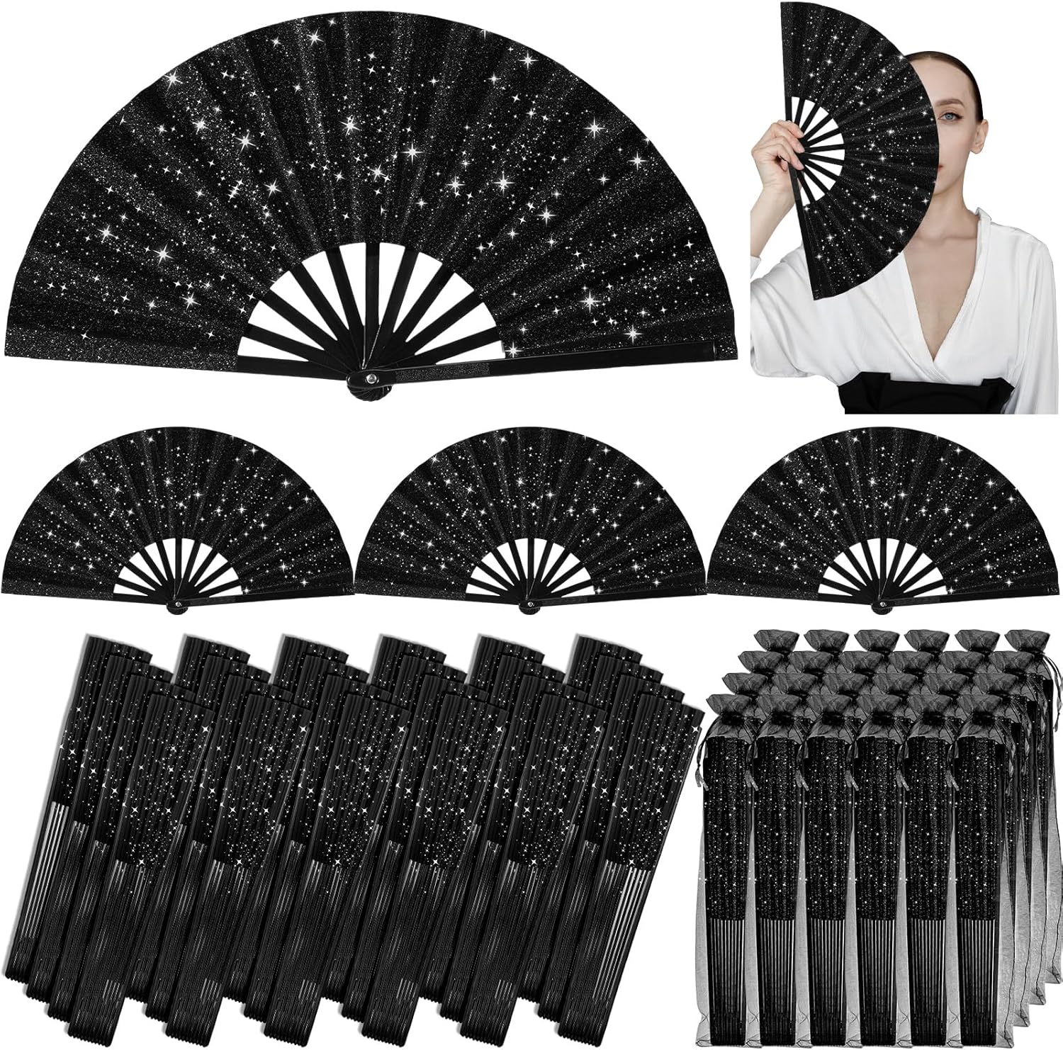 24 Pcs Large Folding Hand Fans for Line Dancing, Fan with Bag Clapping Popping Raves Fans Bulk for Wedding Festival Edm Club Party Decoration (Black)