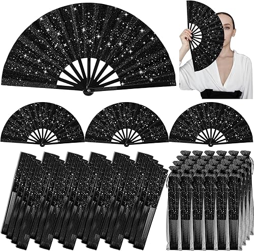 Miniatura 9 de 24 abanicos de mano plegables grandes para baile de línea, ventilador con bolsa, aplaudiendo, fanáticos de raves a granel para decoración de bodas