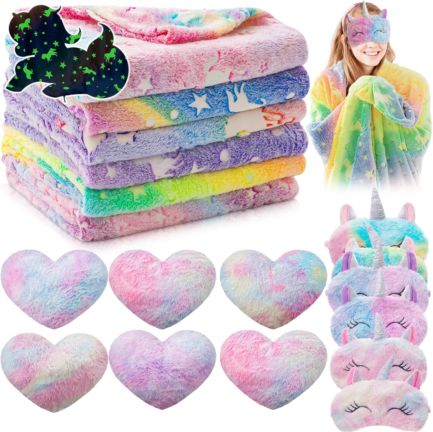 18 Pcs Unicorn Sleepover Party Supplies Set Glow in The Dark Pink Blanket Fluffy Heart Throw Pillow Plush Sleep Eye Mask for Spa Camping Birthday Travel Nap Favors