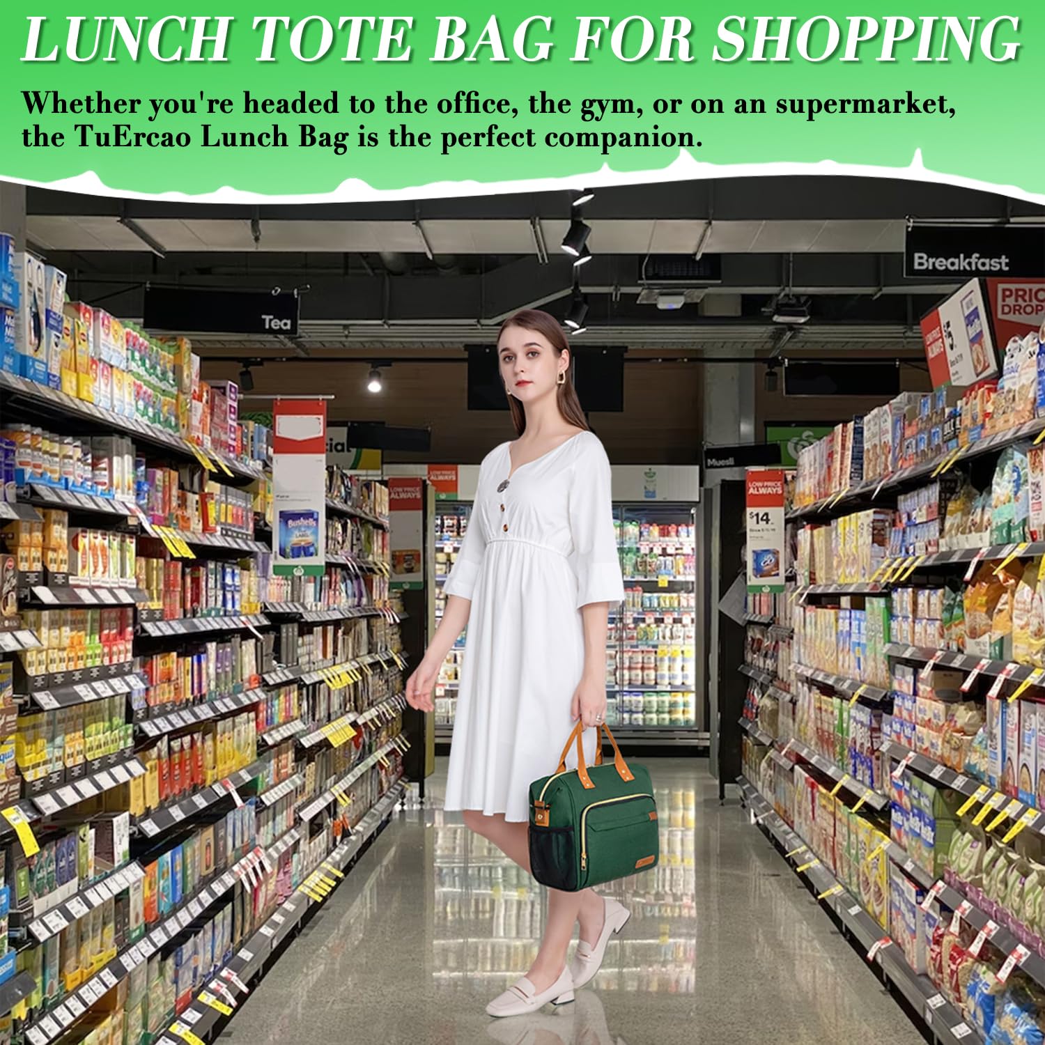 TuErCao Borsa termica per il pranzo per adulti, per donne, per lavoro, a prova di perdite, morbida, per spiaggia, viaggi, picnic, verde scuro