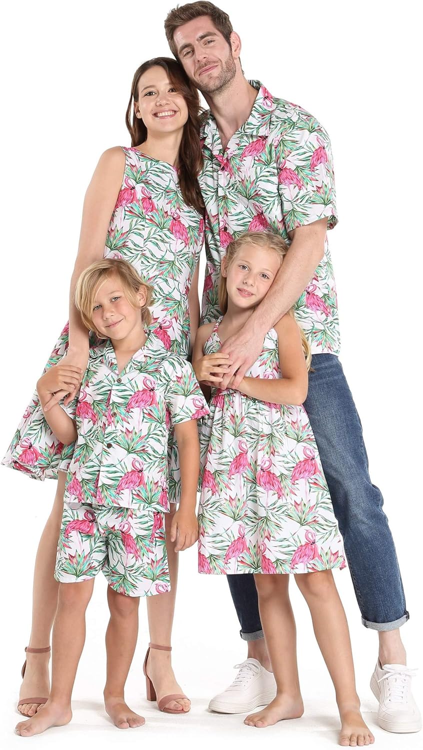 Matching Father Son Hawaiian Luau Outfit Men Shirt Boy Shirt Shorts Classic White Flamingo