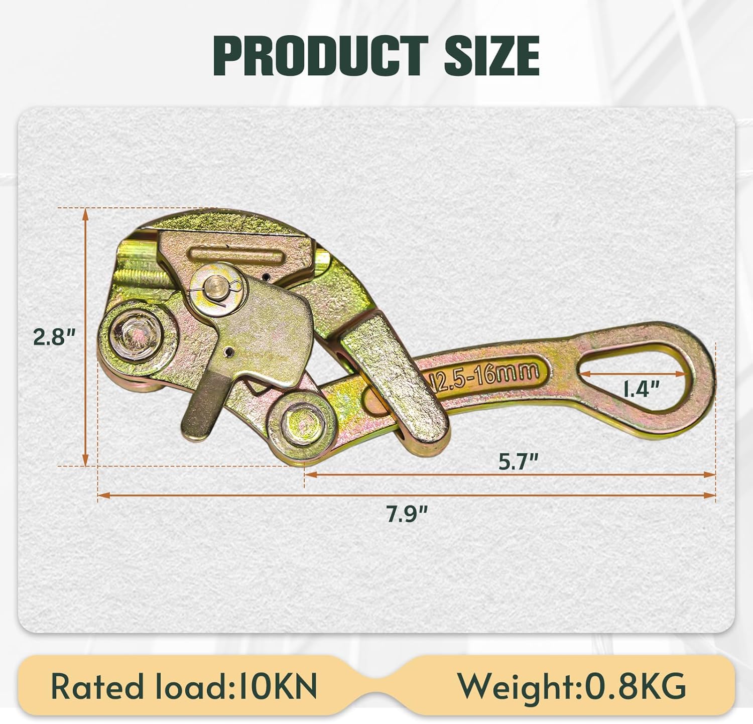Dimensions of the YATOINTO 1 Ton Cable Grip, showing length 7.9 inches, width 2.8 inches, and jaw opening 1.4 inches.