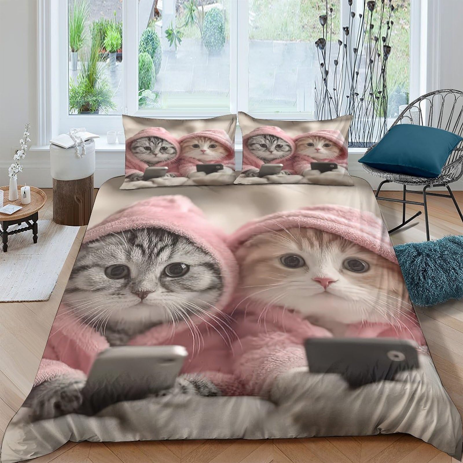 Parure de lit chat 3D microfbre 260x220 cm avec housse de couette et taies pour lit Super King