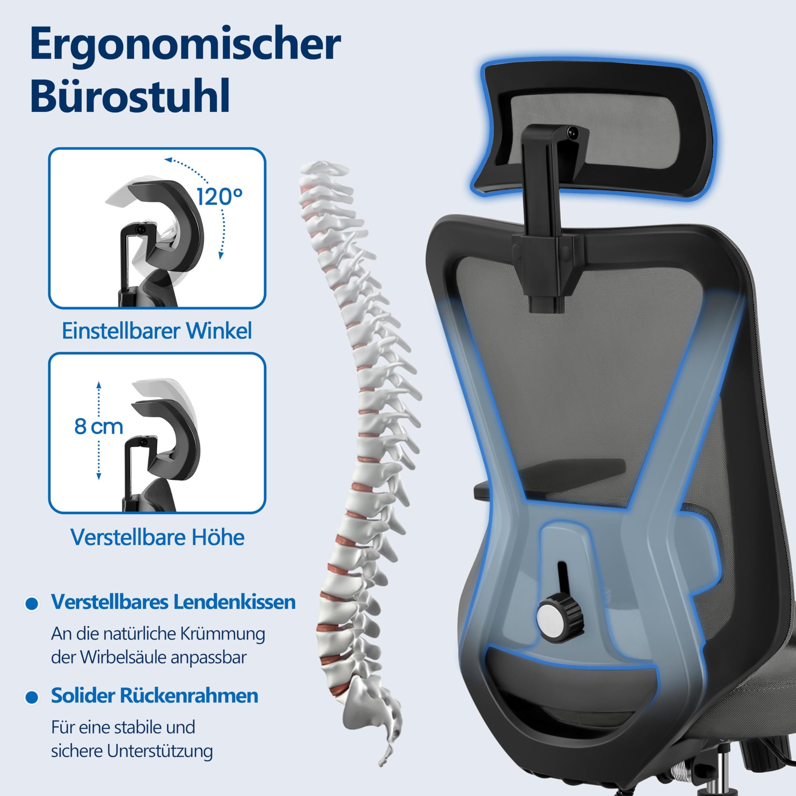 Yaheetech Bürostuhl Ergonomisch mit atmungsaktivem Netzrücken Schwarz | Höhenverstellbarer Schreibtischstuhl Verstellbare Armlehnen Kopfstütze und Lendenstütze Wippfunktion bis 130°