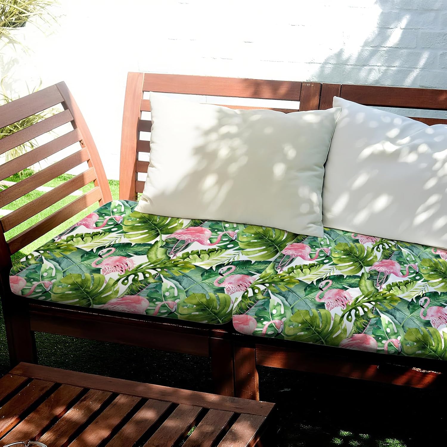 BBSET 8 Pcs Flamingo Tropical Leaves Cushion Cover Patio Stretch Green Summer Monstera Leaf Outdoor Seat Cushions Covers Floral Hawaiian Style Flexibility Chair Cushion Cover (Flamingo)
